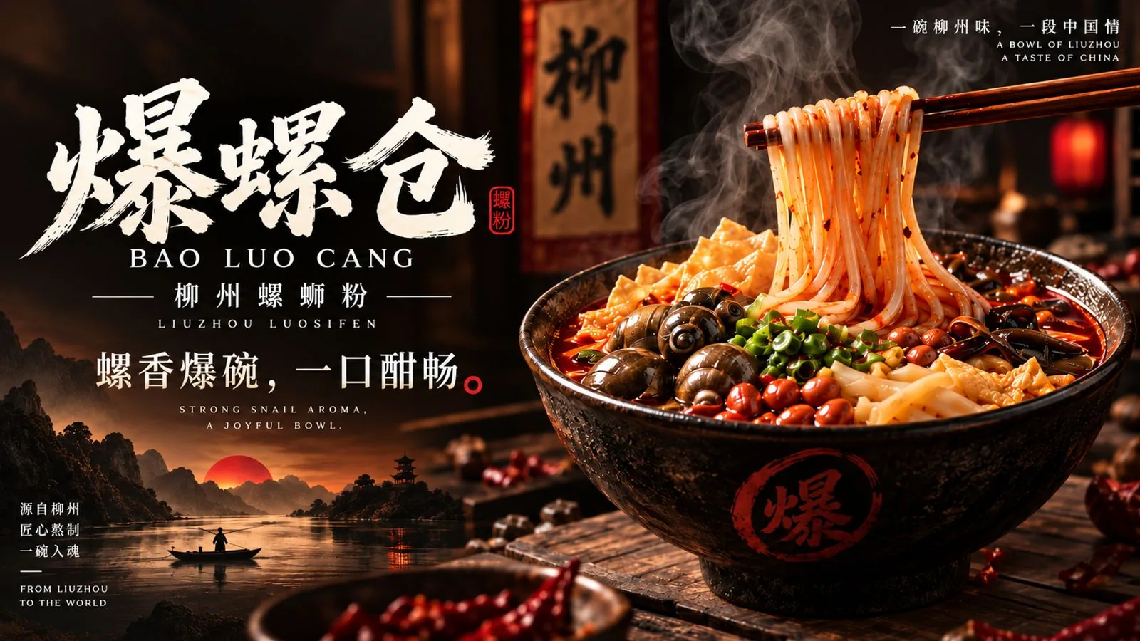 爆螺仓柳州螺蛳粉品牌主视觉，含标志、螺蛳粉与柳州山水