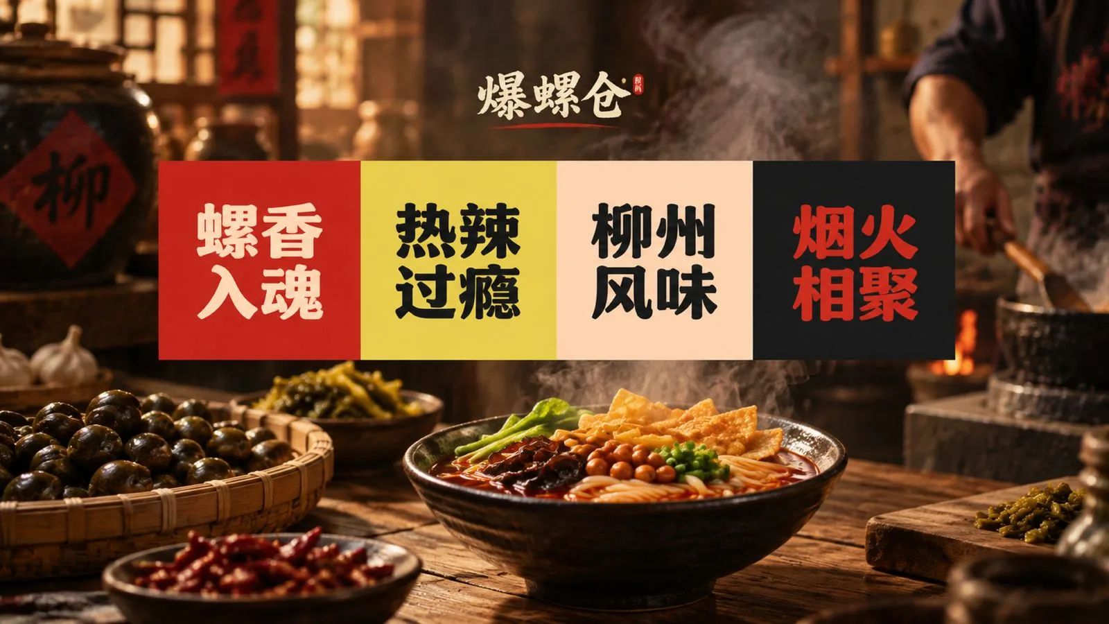 爆螺仓品牌关键词四色块：螺香入魂、热辣过瘾、柳州风味、烟火相聚