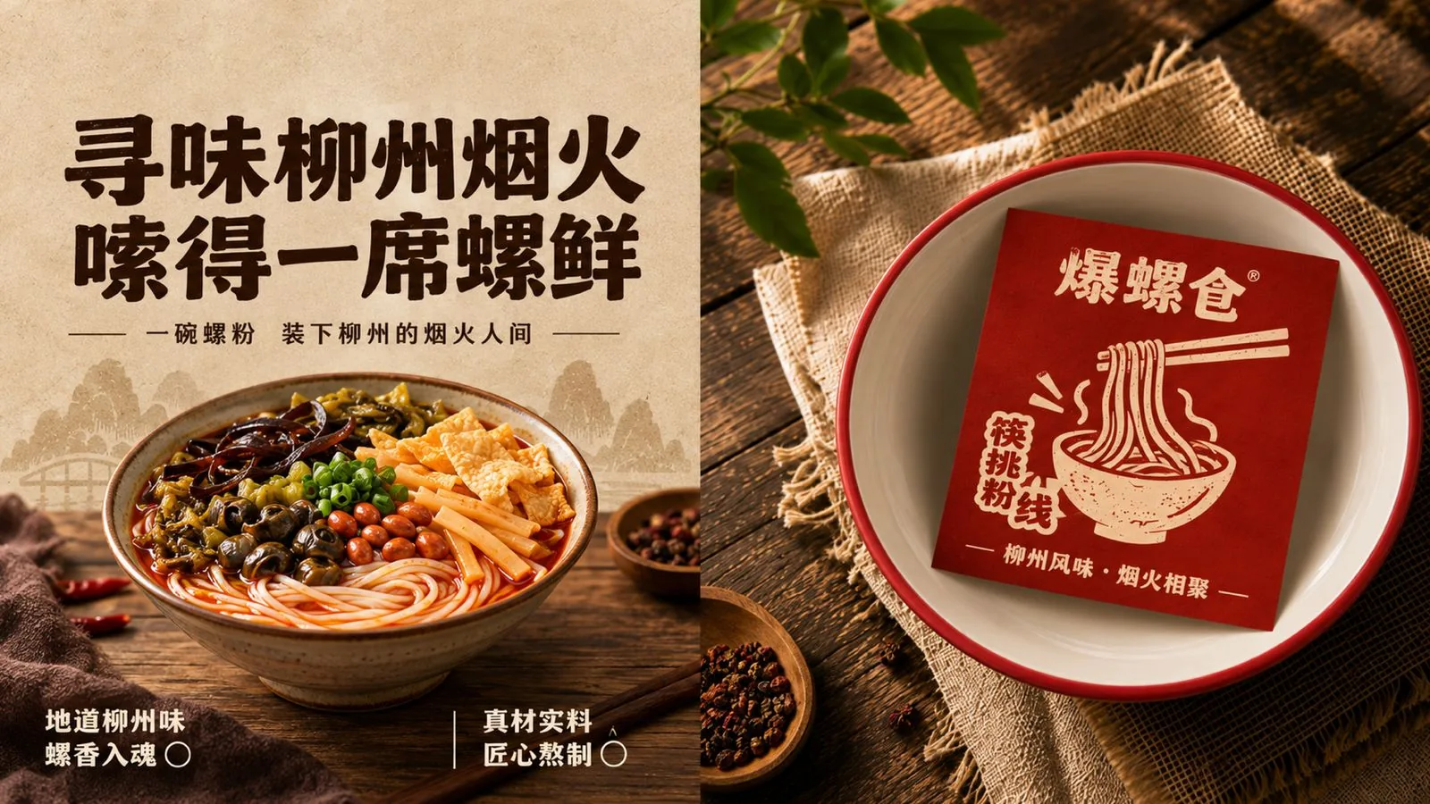 爆螺仓螺蛳粉主画面与红色筷挑粉线纸袋、餐垫