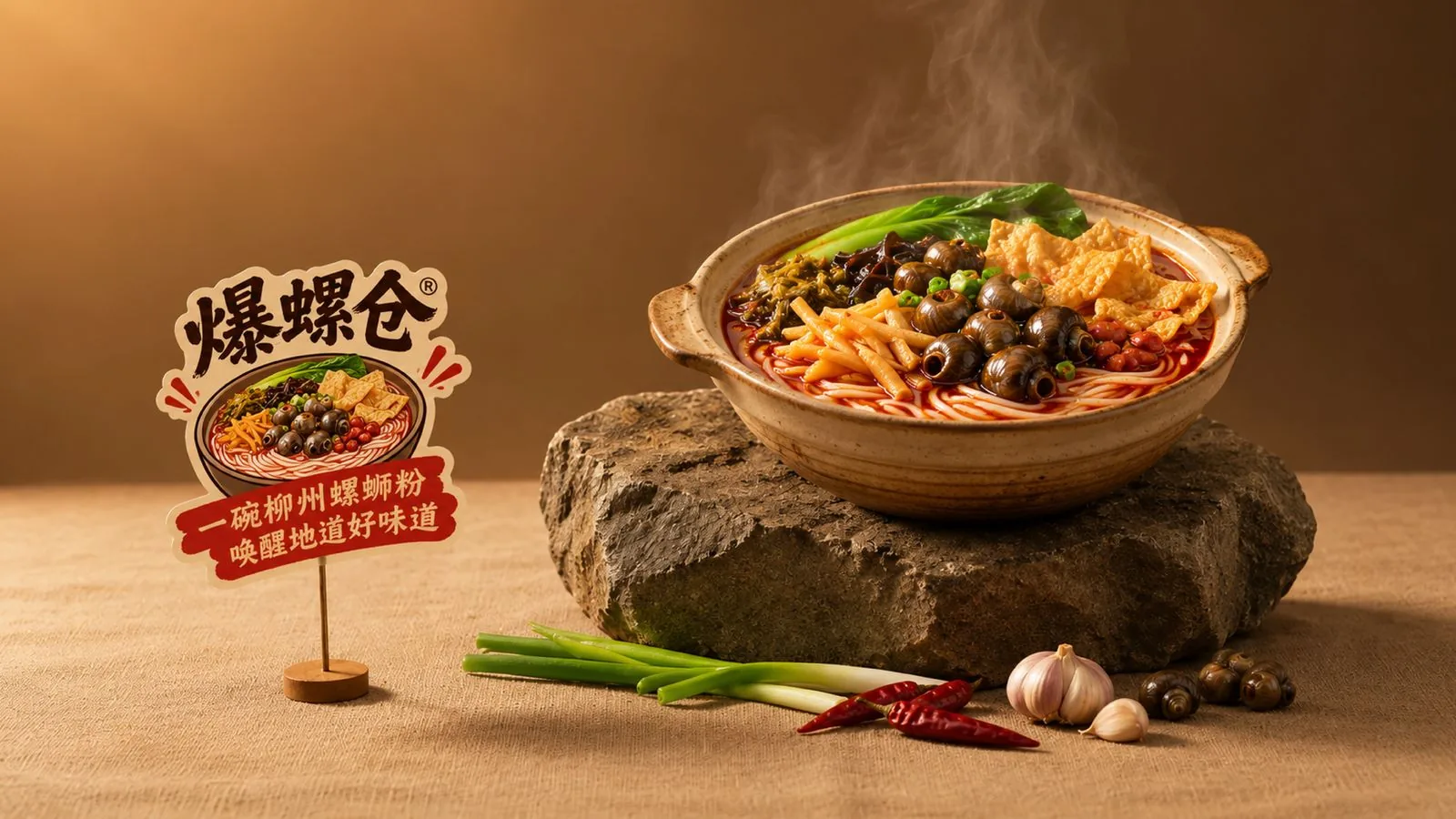 爆螺仓桌面立牌台卡与石上螺蛳粉场景