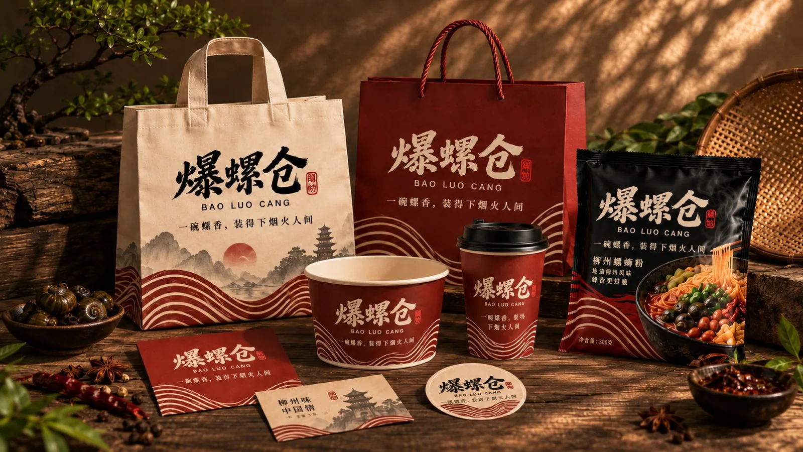 爆螺仓包装物料实拍：帆布袋、手提袋、餐盒、纸杯与螺蛳粉自立袋