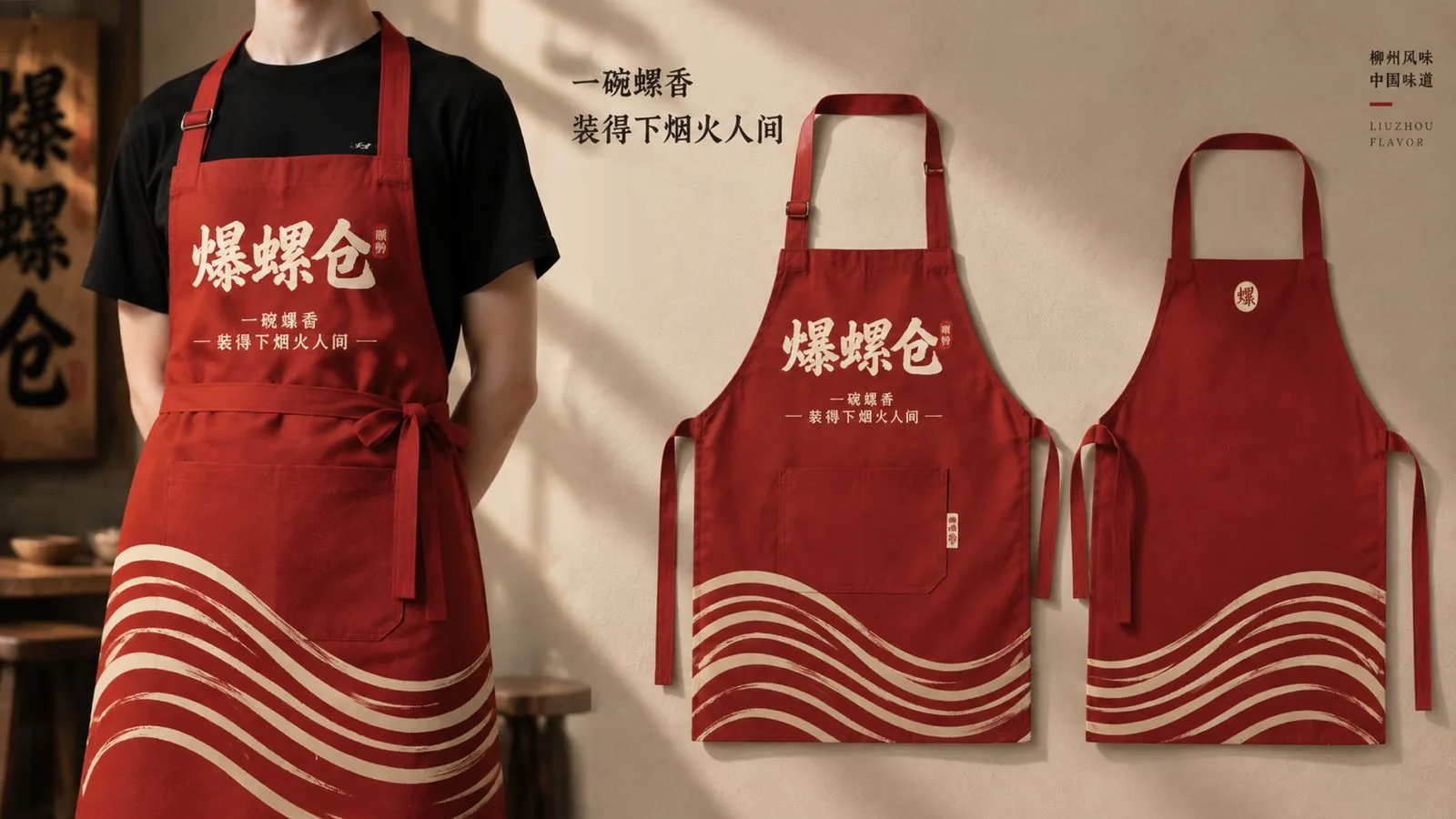 爆螺仓三款红色波浪纹员工围裙