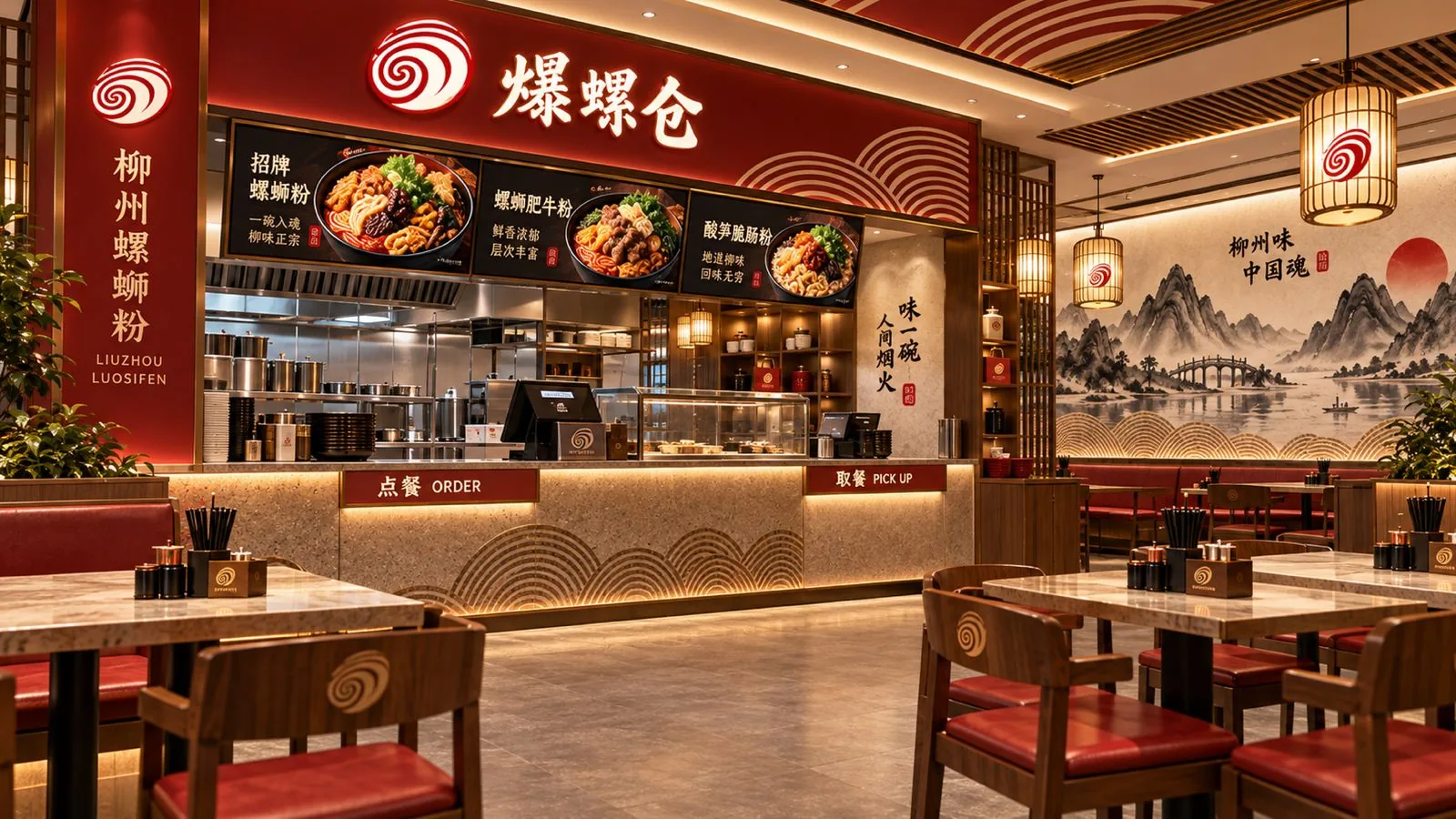 爆螺仓门店点餐吧台、发光灯箱与山水壁画