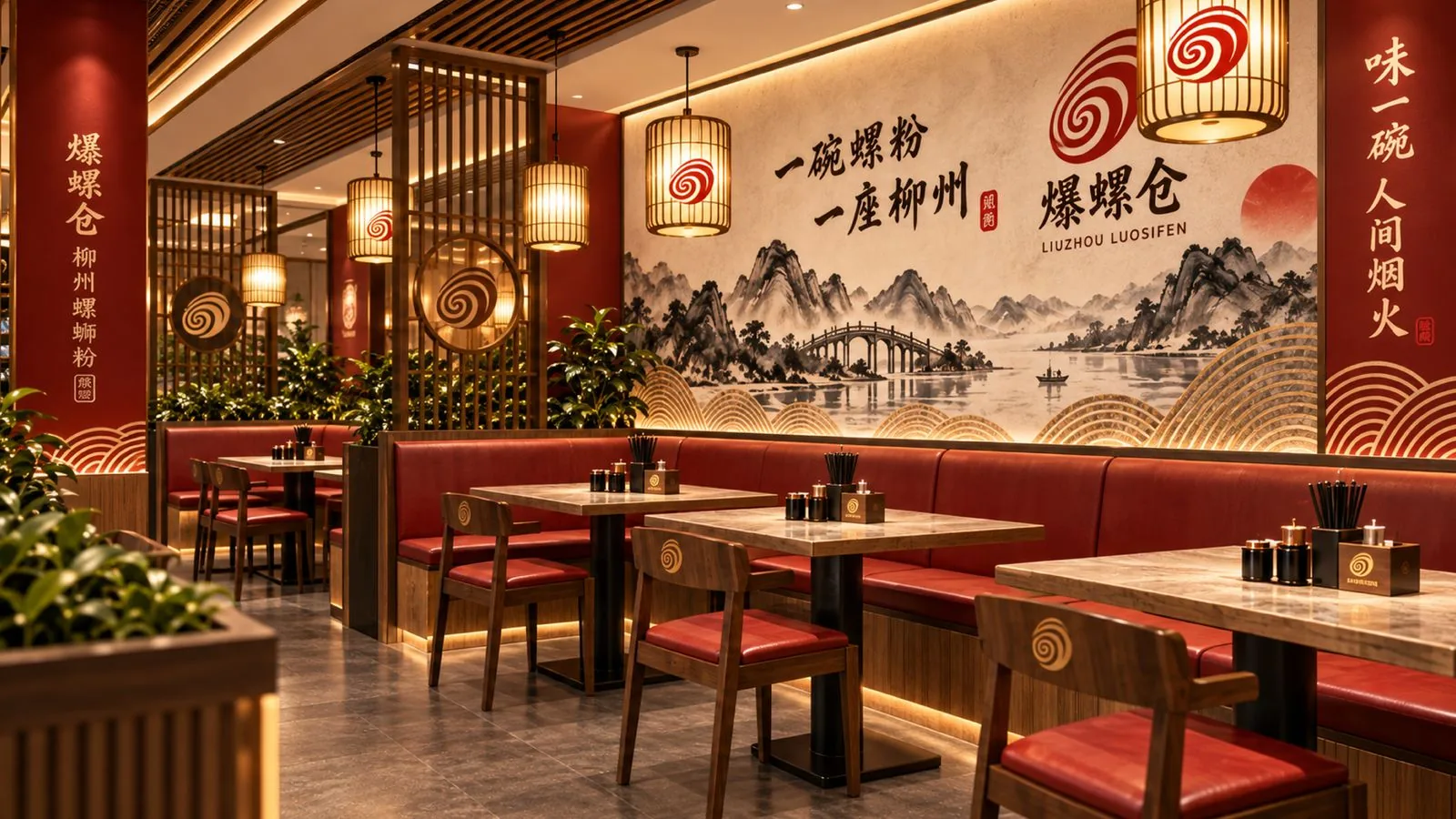 爆螺仓门店红色卡座区与一碗螺粉一座柳州山水壁画