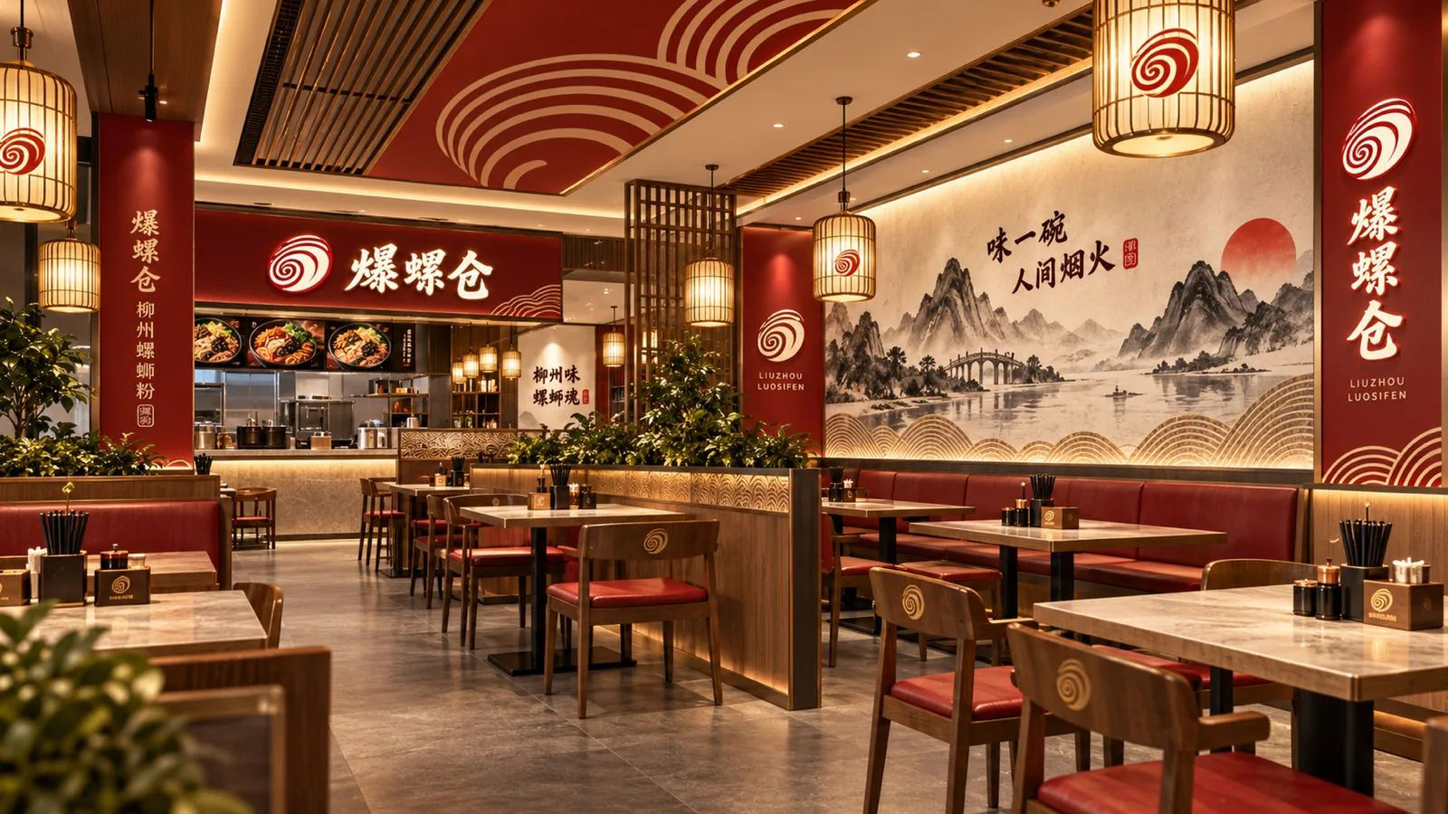 爆螺仓门店全景：发光标志、灯笼与山水壁画卡座区