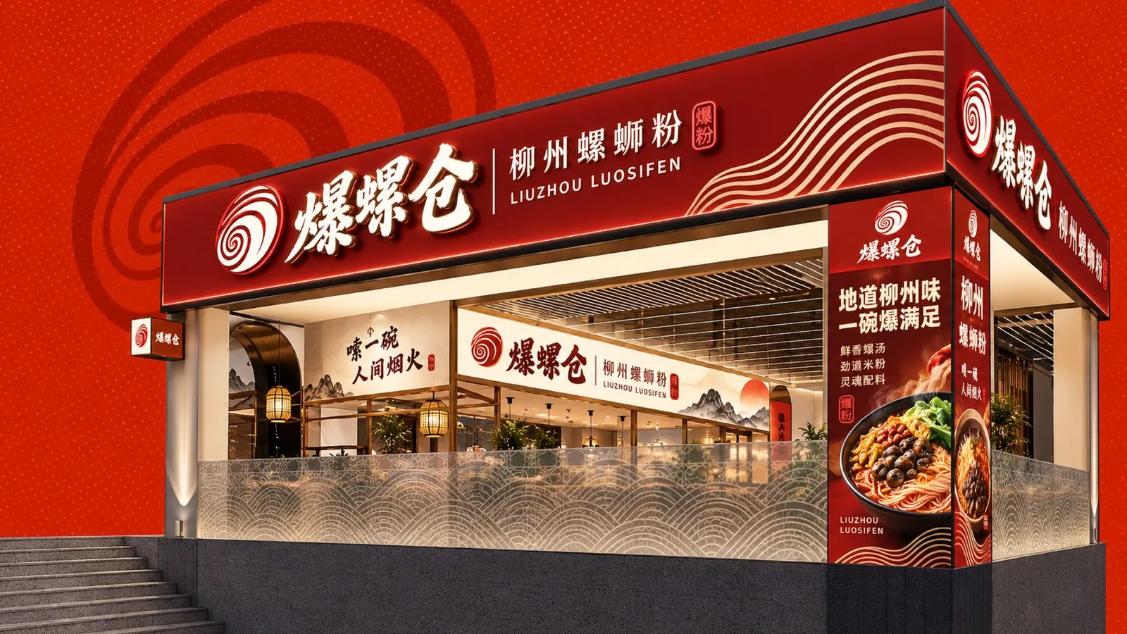 爆螺仓门店外立面门头与波纹玻璃扶手夜景