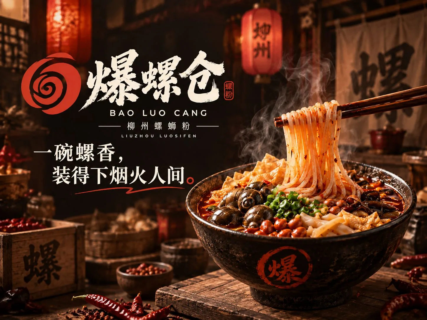 爆螺仓主视觉：筷挑螺蛳粉与一碗螺香，装得下烟火人间