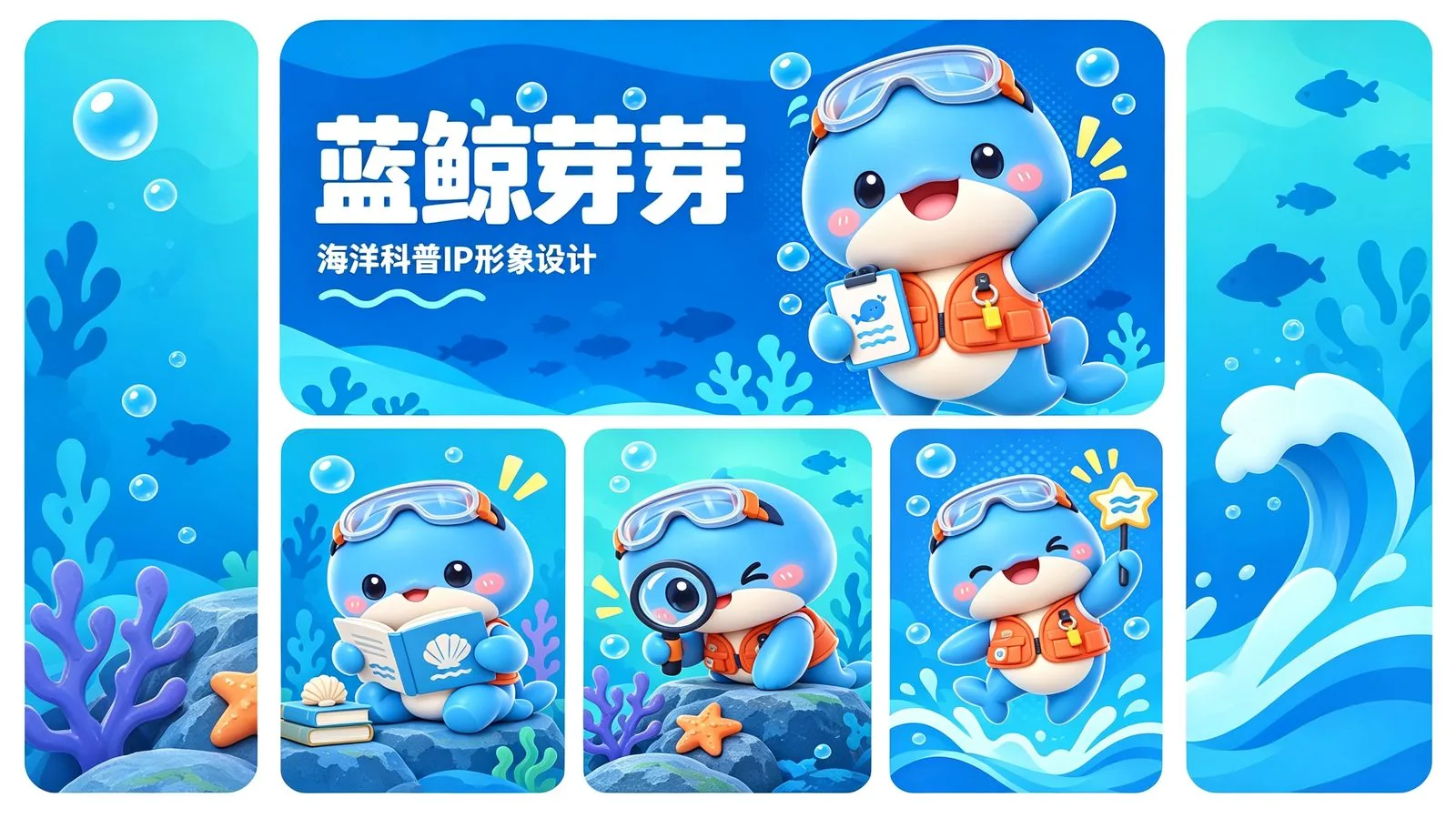 蓝鲸芽芽海洋科普 IP 主视觉拼版，含品牌名与三格形象