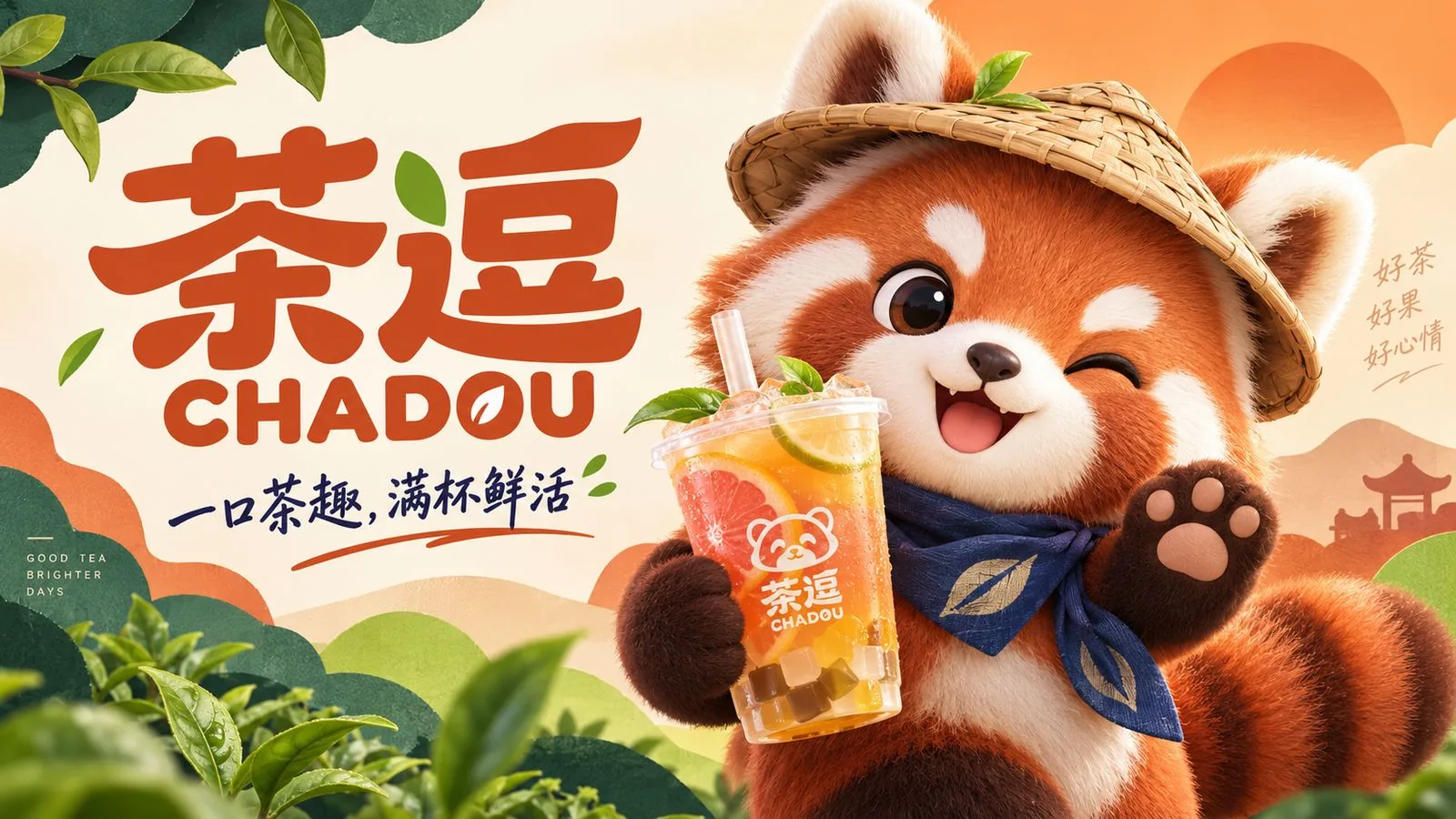 茶逗 CHADOU 品牌主视觉与斗笠小熊猫吉祥物