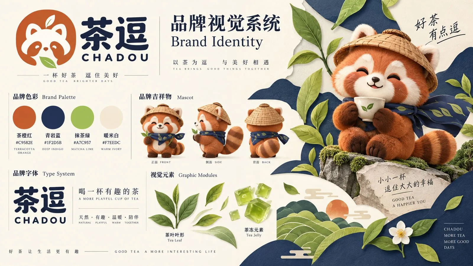 茶逗品牌视觉系统总览：标志、色卡、字体与辅助图形