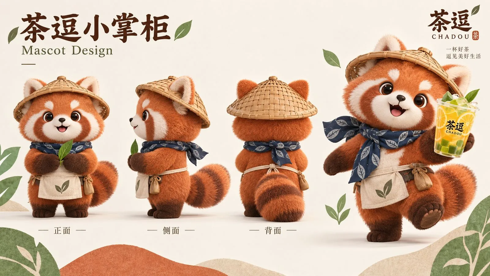 茶逗吉祥物小掌柜正面侧面背面三视图