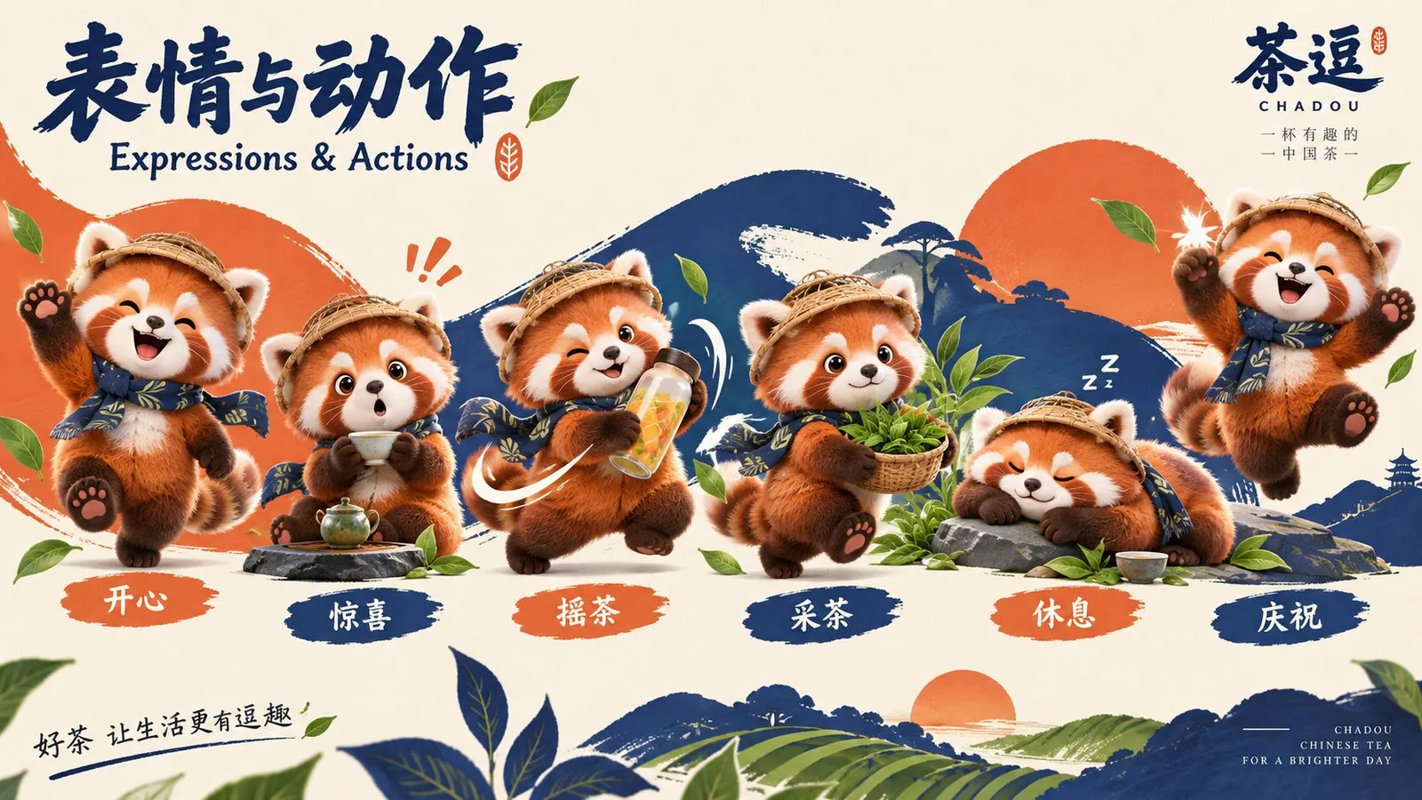 茶逗吉祥物开心惊喜摇茶采茶休息庆祝表情动作