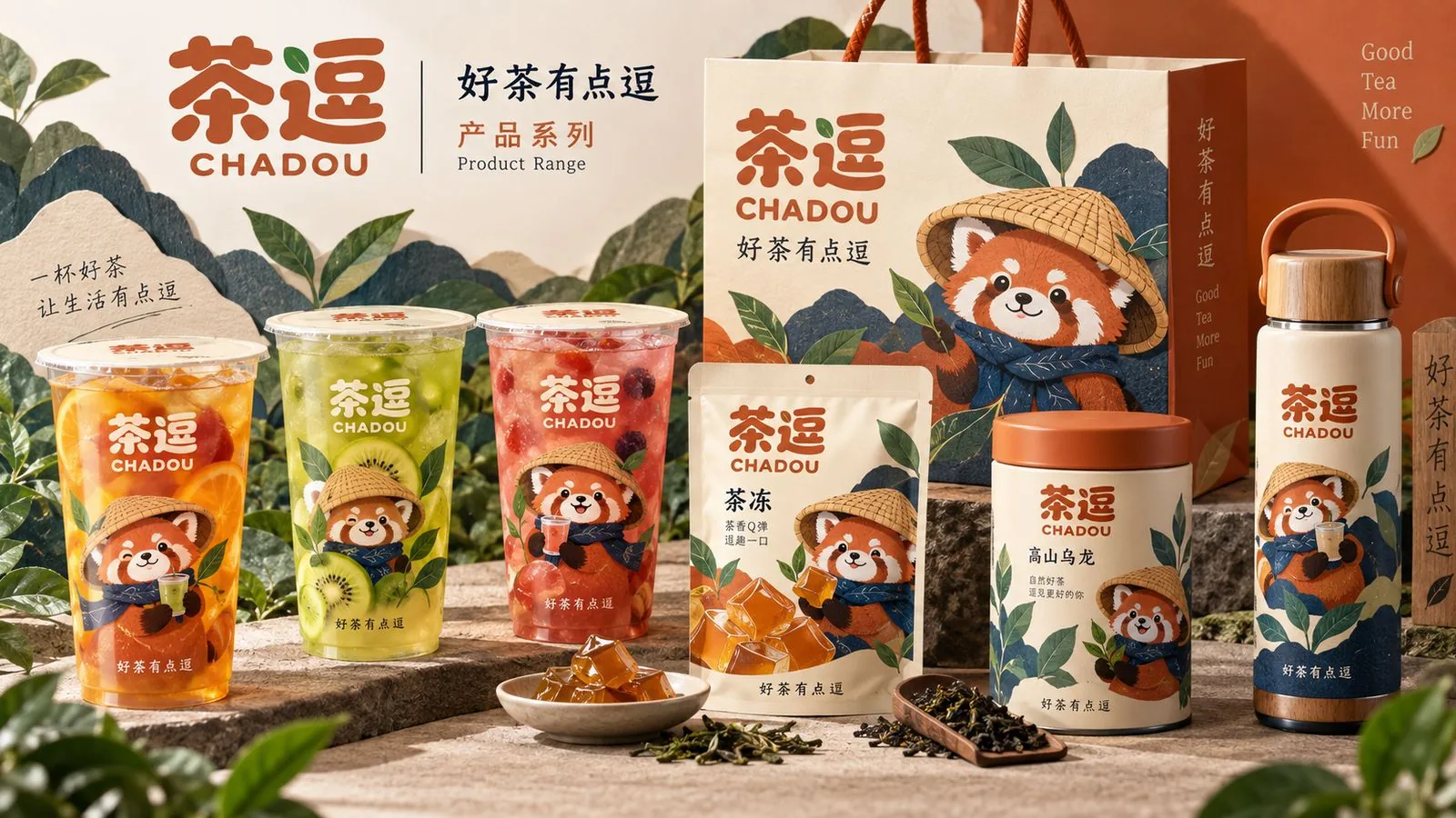 茶逗产品系列：杯装饮品、茶冻与高山乌龙包装