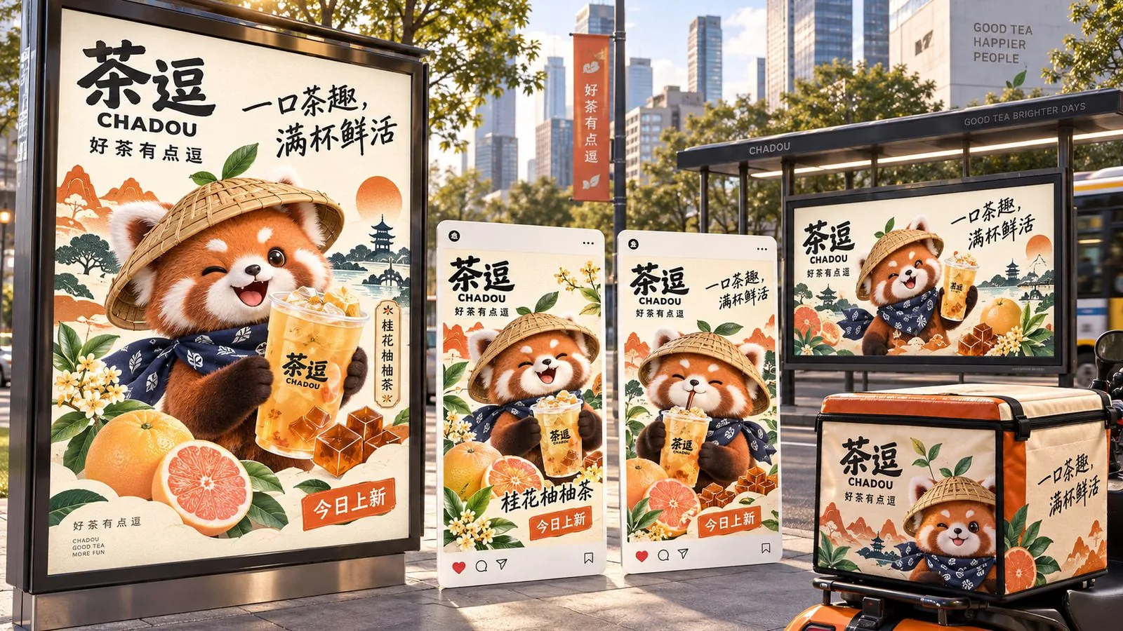 茶逗户外灯箱、候车亭与外卖箱广告应用