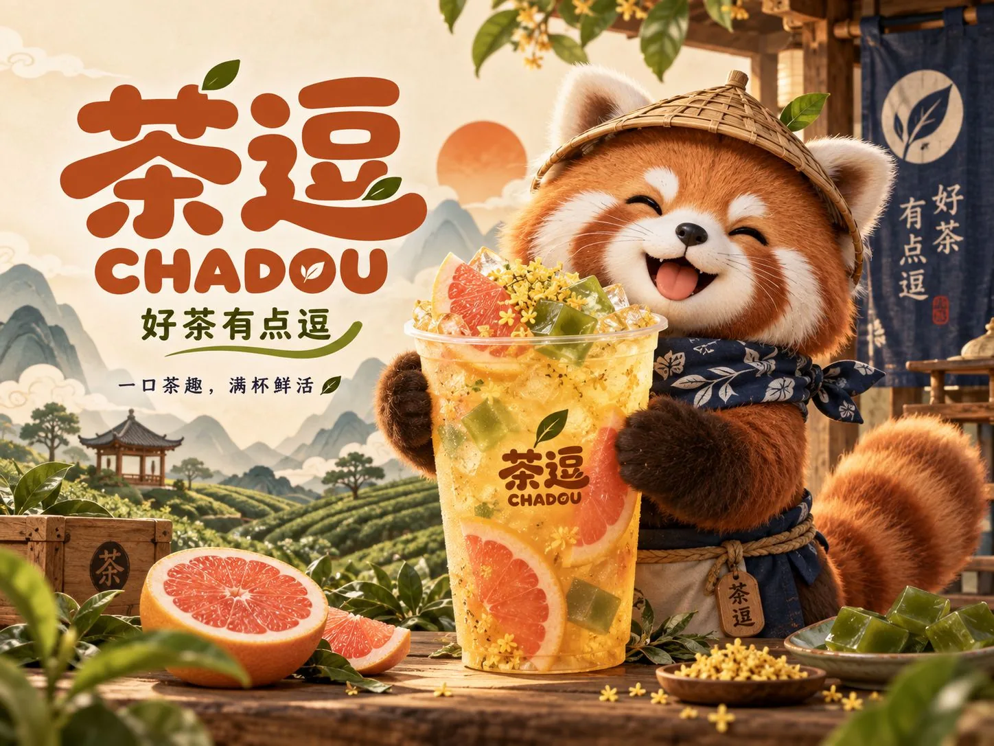 茶逗桂花柚柚茶主图与小熊猫吉祥物