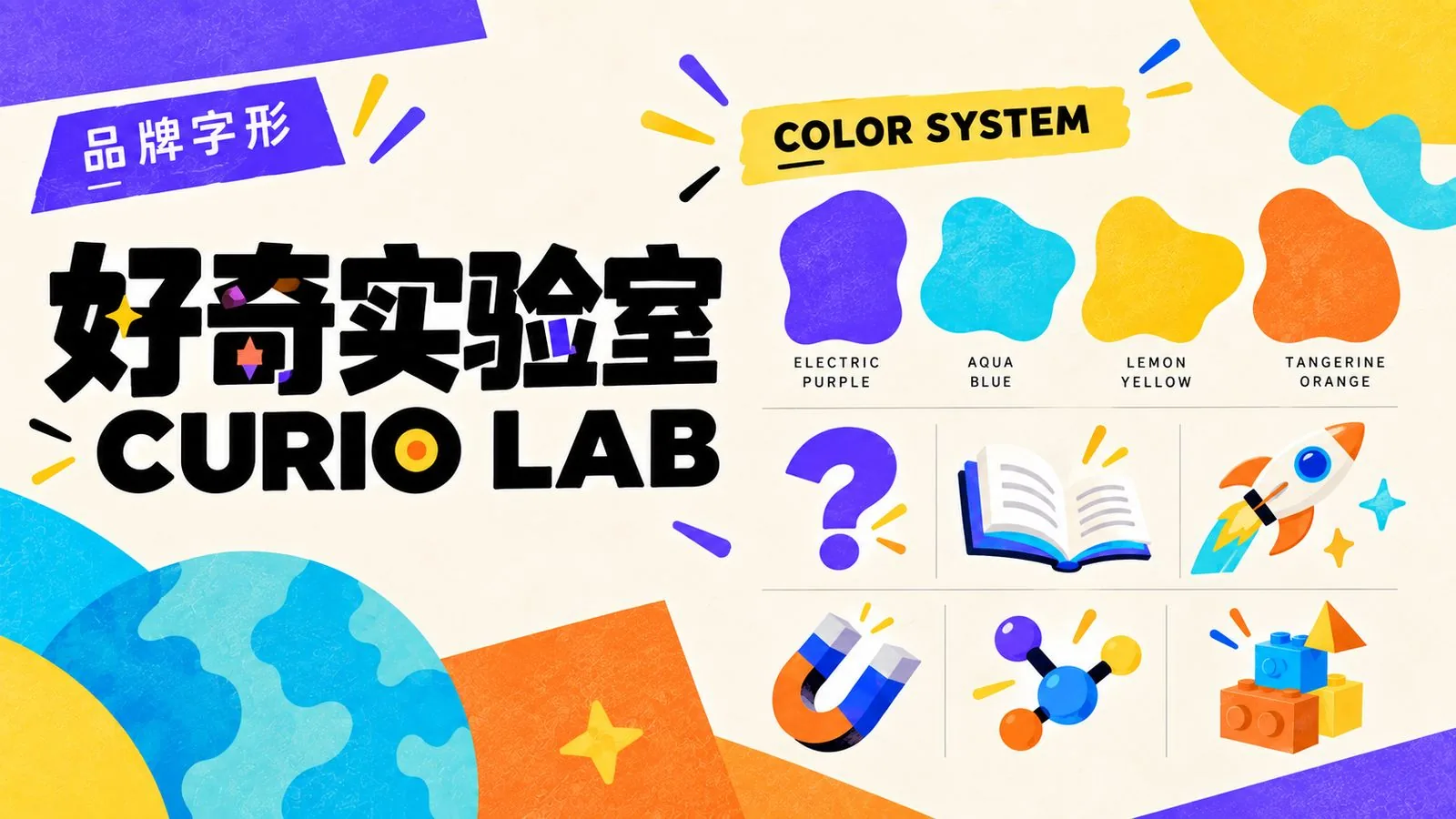 好奇实验室 CURIO LAB 品牌字型与色彩系统：ELECTRIC PURPLE、AQUA BLUE、LEMON YELLOW、TANGERINE ORANGE
