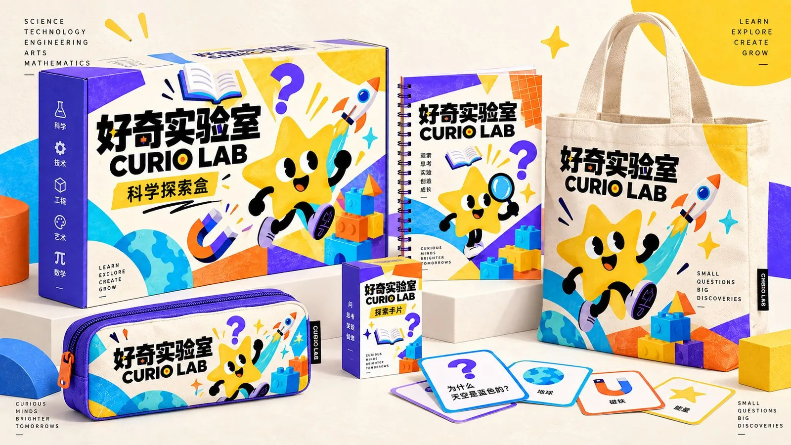 好奇实验室 CURIO LAB 课程物料：科学探索盒、探索手账、探索卡片、帆布袋与笔袋