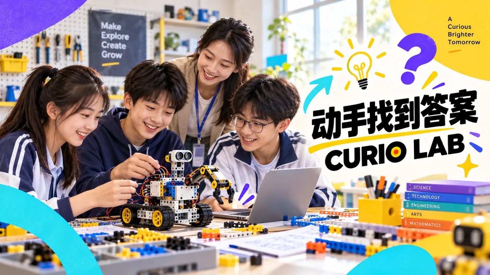 好奇实验室 CURIO LAB 机器人课堂：学生拼装机器人、老师指导与 Make Explore Create Grow