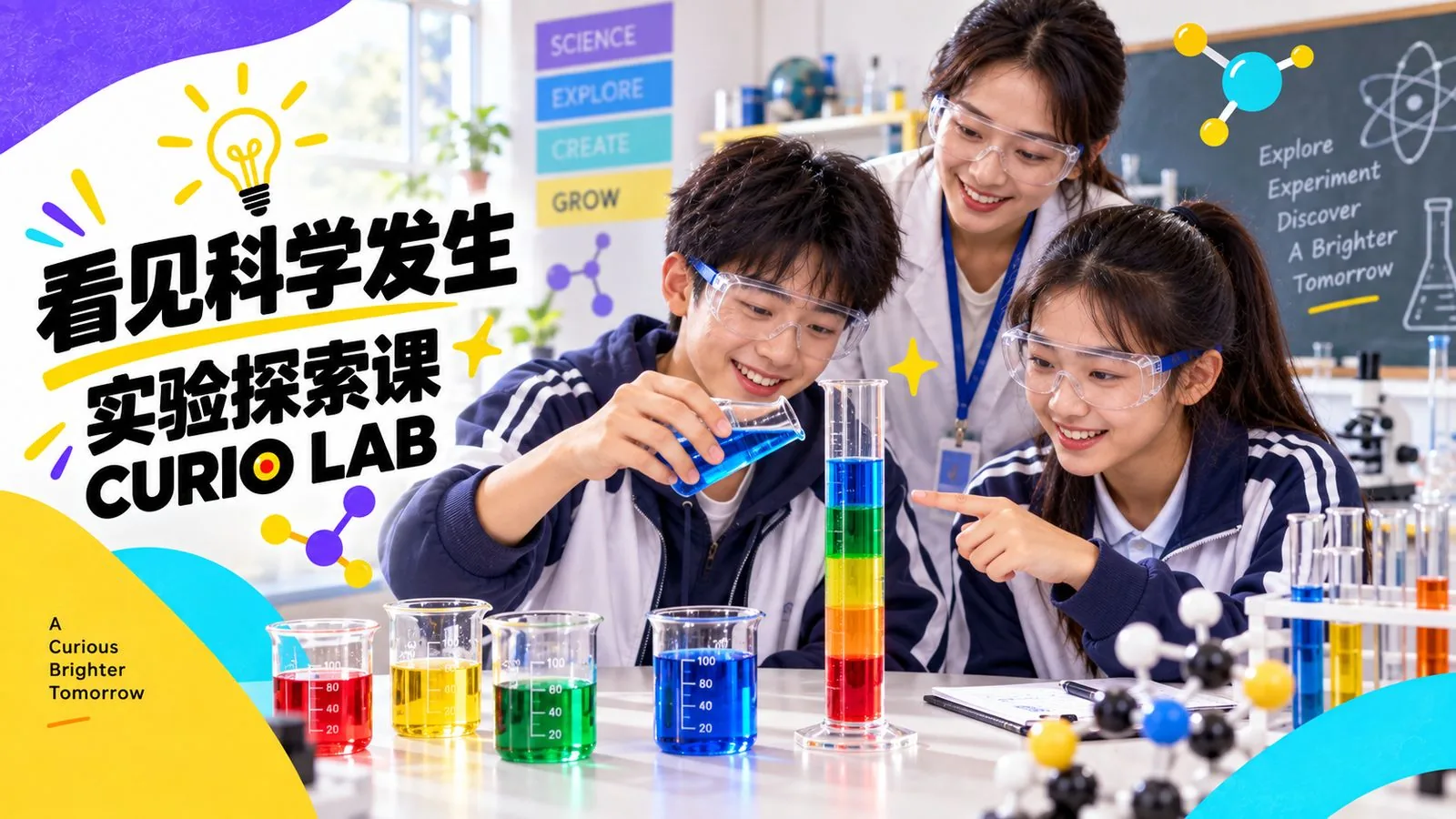 好奇实验室 CURIO LAB 科学实验：学生佩戴护目镜做彩色液体实验探索课
