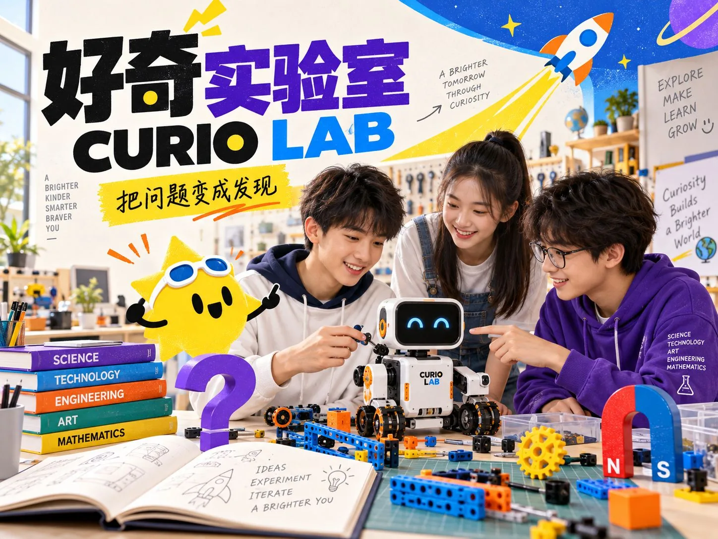 好奇实验室 CURIO LAB 主图:星星 IP、CURIO LAB 机器人、积木、磁铁与书籍