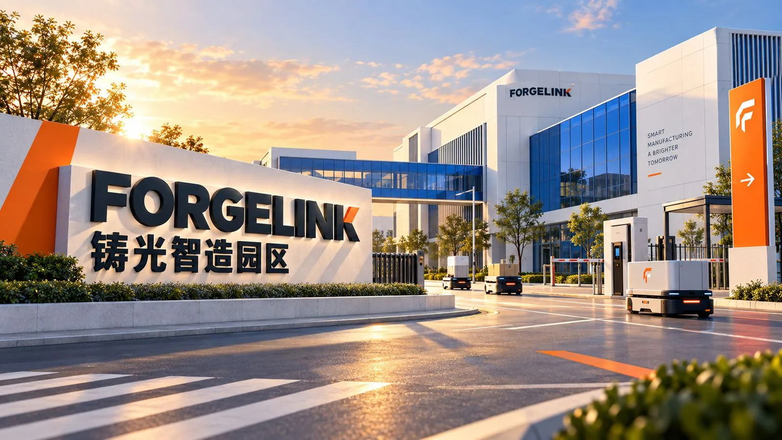 FORGELINK 铸光智造园区门头、厂房外景与自动搬运车