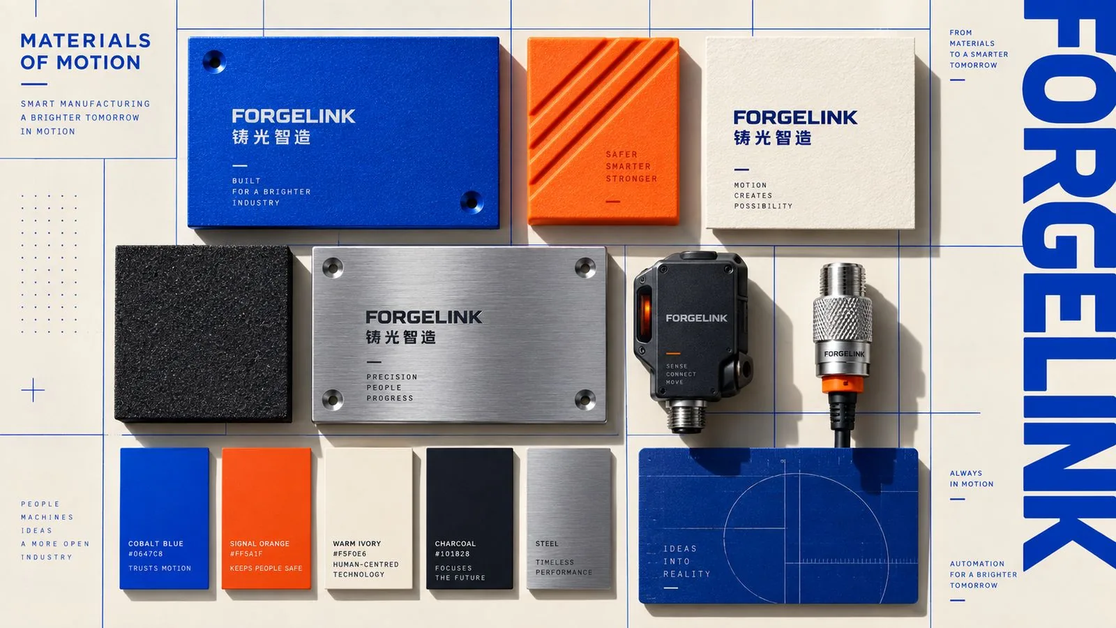 FORGELINK 铸光智造材质与色彩板：钴蓝、信号橙、暖米白、碳黑与不锈钢