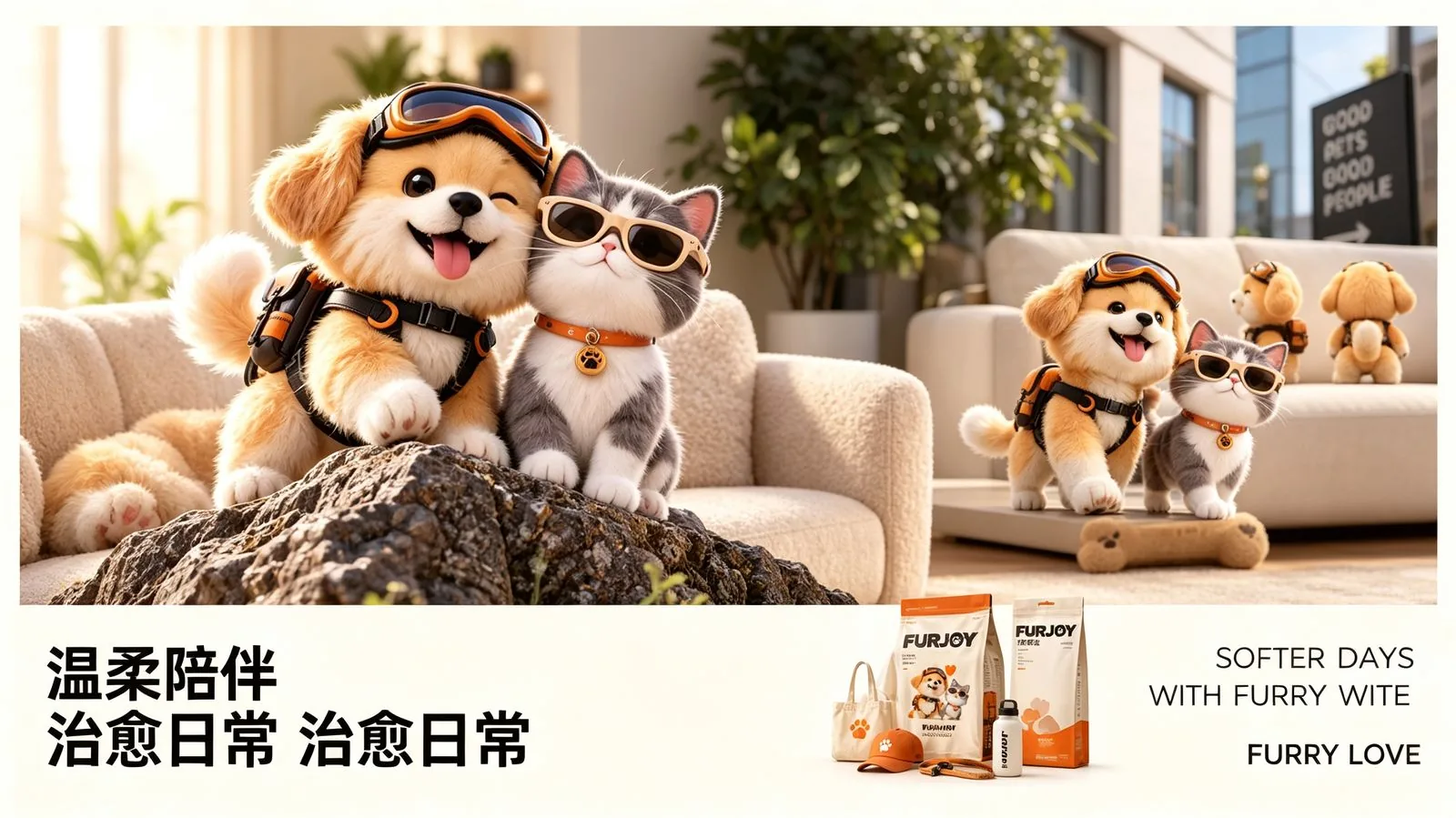 FURJOY 家居场景主视觉：多多与咪酱依偎沙发，主题「温柔陪伴 治愈日常」