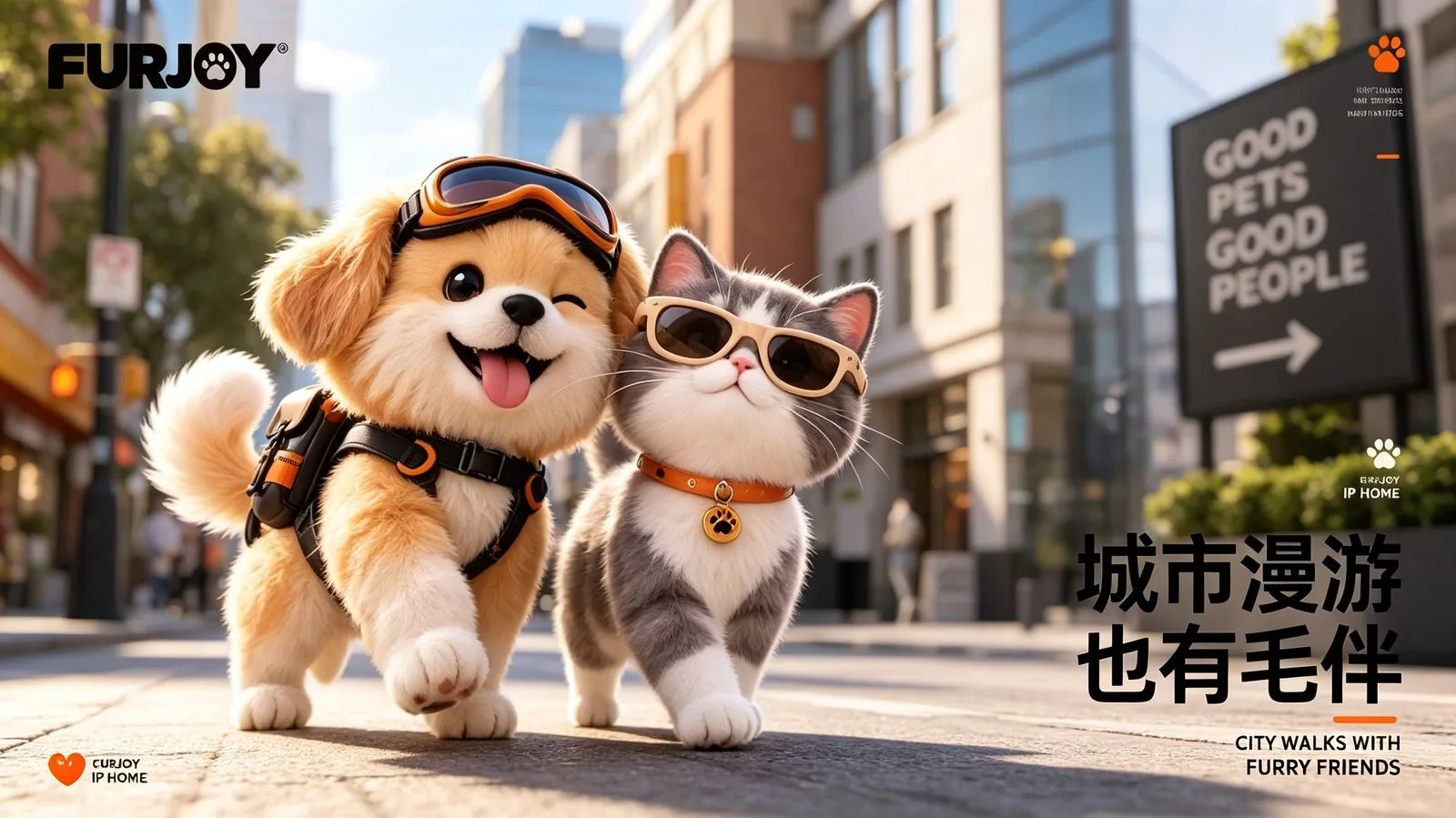 FURJOY 城市漫游场景：双主角行走街头，配「城市漫游 也有毛伴」