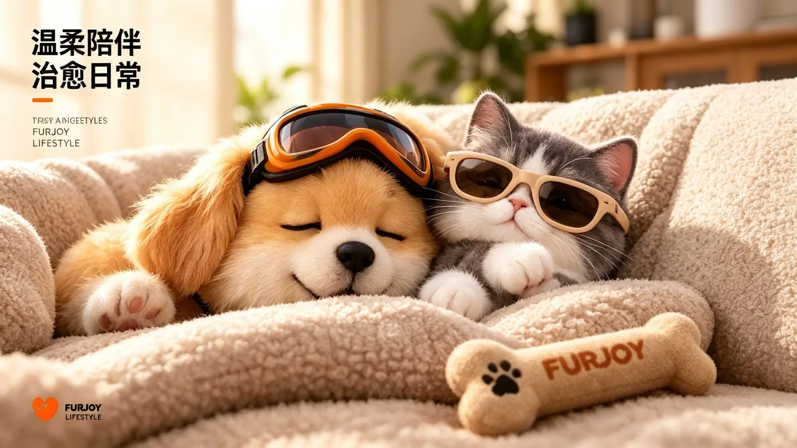 FURJOY 居家治愈场景：双主角安睡沙发，前景为 FURJOY 骨头玩具