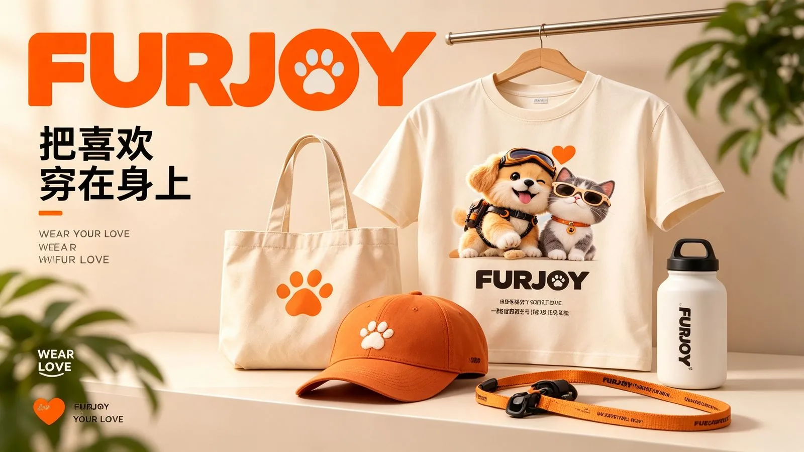 FURJOY 服饰周边应用：T 恤、帆布袋、帽饰、水壶与牵引绳