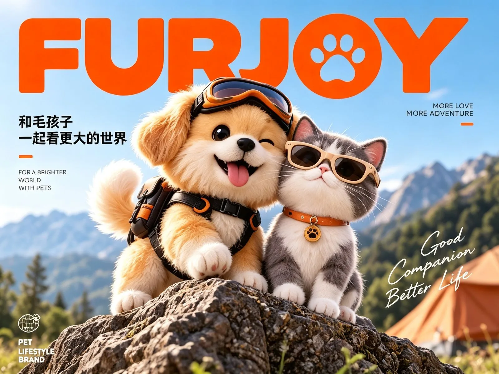 FURJOY 户外主视觉：山景前双主角并肩，配「和毛孩子 一起看更大的世界」