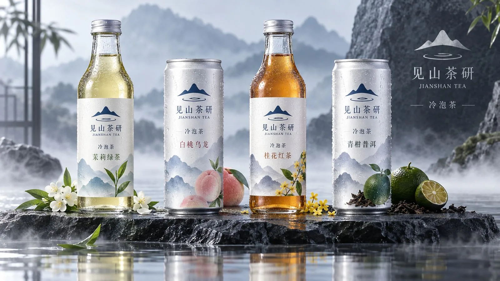 见山茶研四款冷泡茶包装：茉莉绿茶、白桃乌龙、桂花红茶、青柑普洱