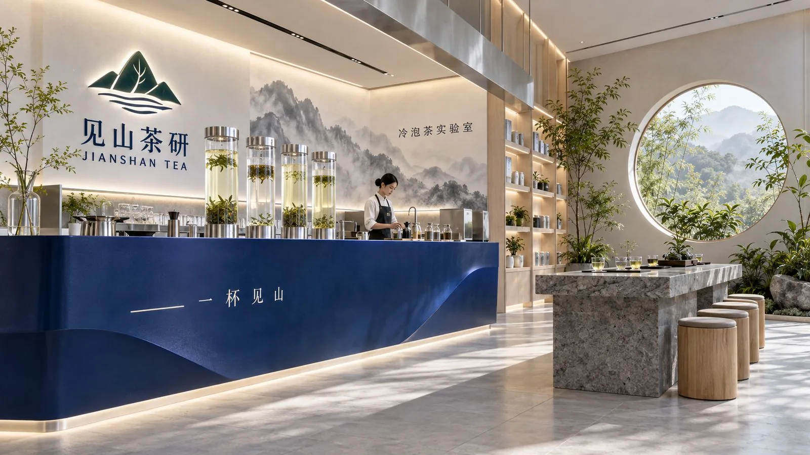 见山茶研门店前台与冷泡茶实验室空间