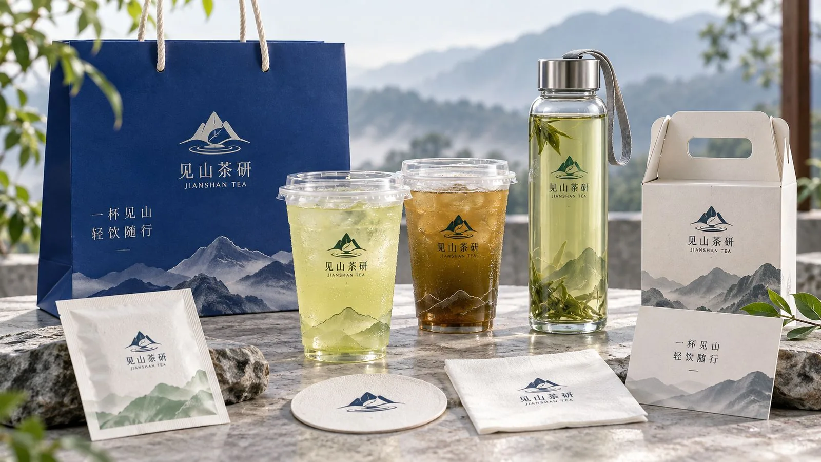 见山茶研外带物料：纸袋、随行杯、茶包与杯垫