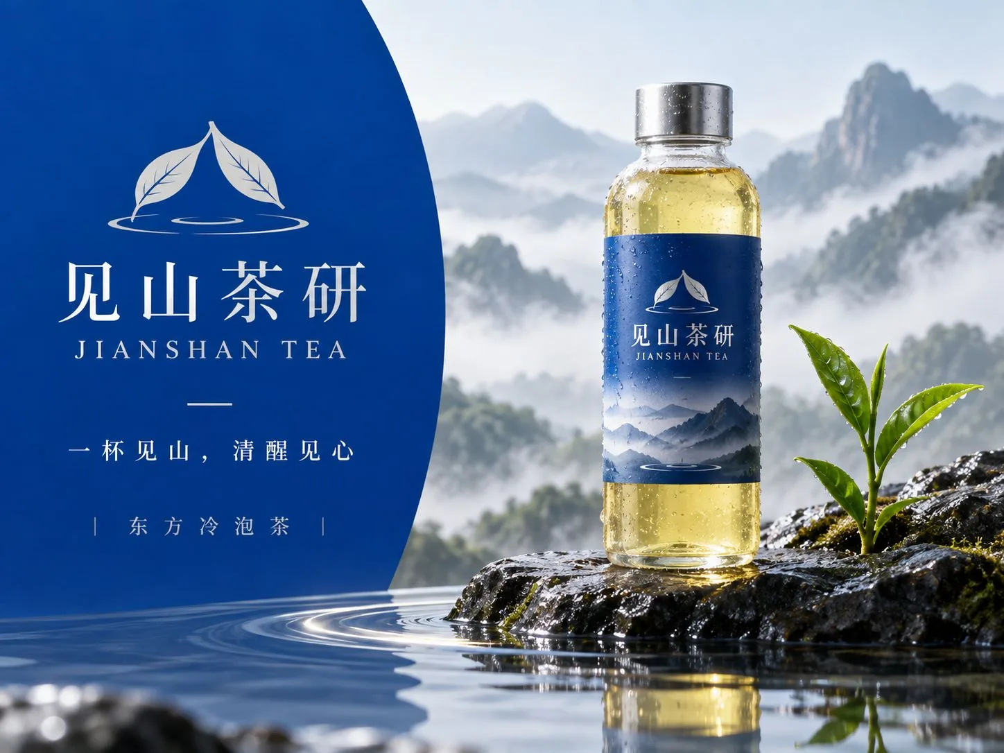 见山茶研品牌主图:蓝底白色标志与冷泡茶瓶