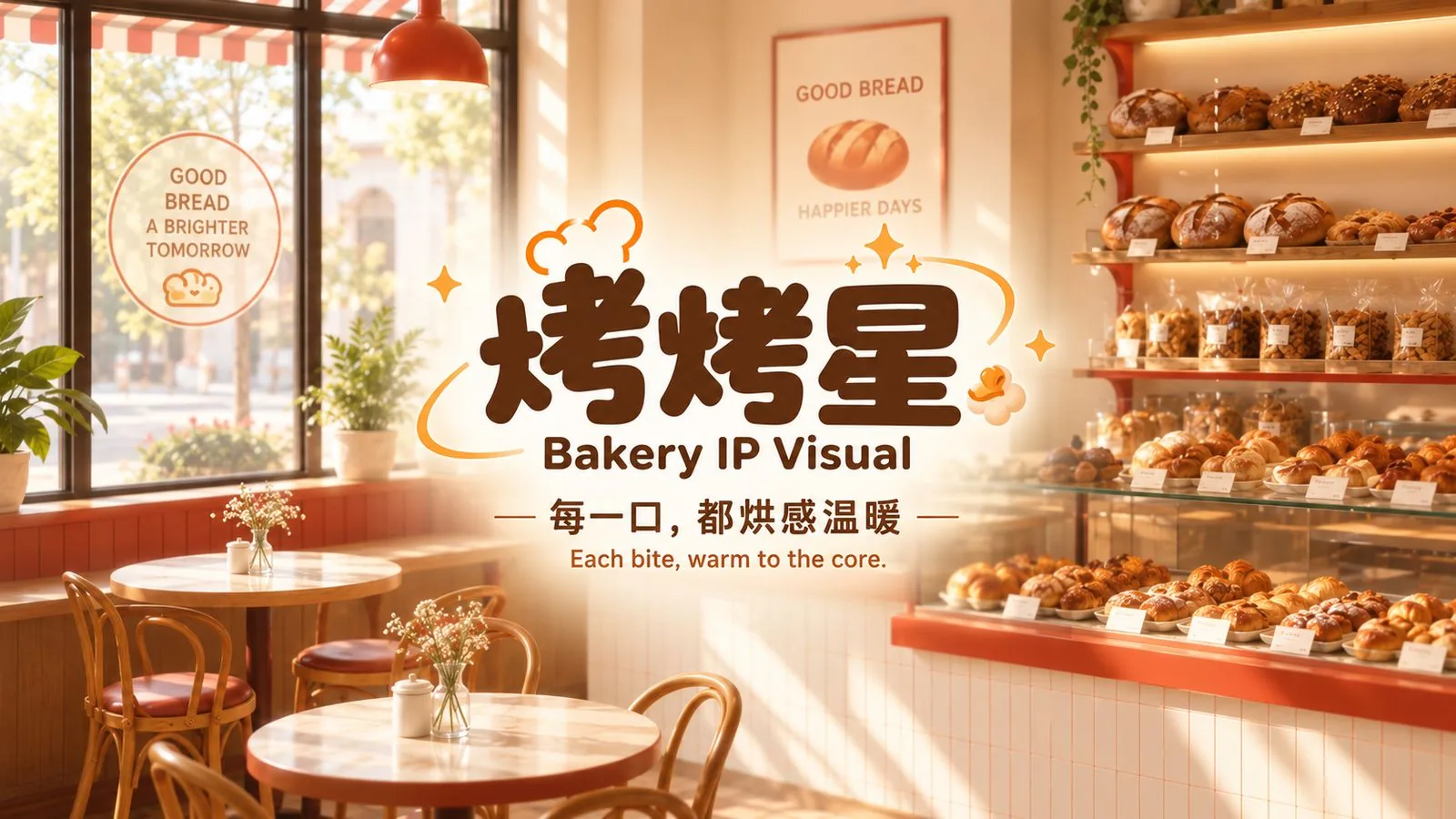 烤烤星 KAKA STAR 烘焙门店主视觉，圆形灯箱与面包陈列