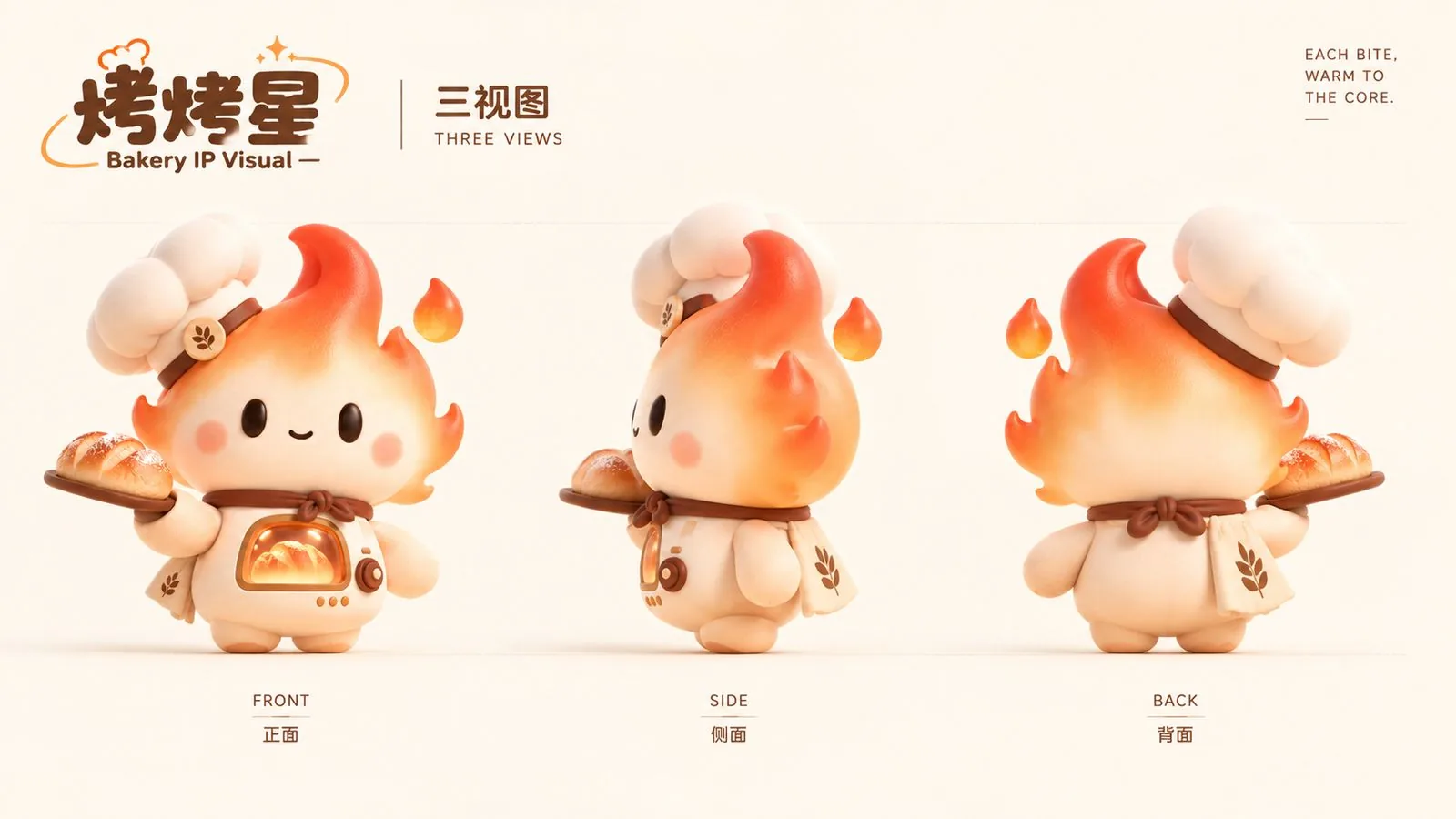 烤烤星 IP 形象正面、侧面、背面三视图 3D 渲染