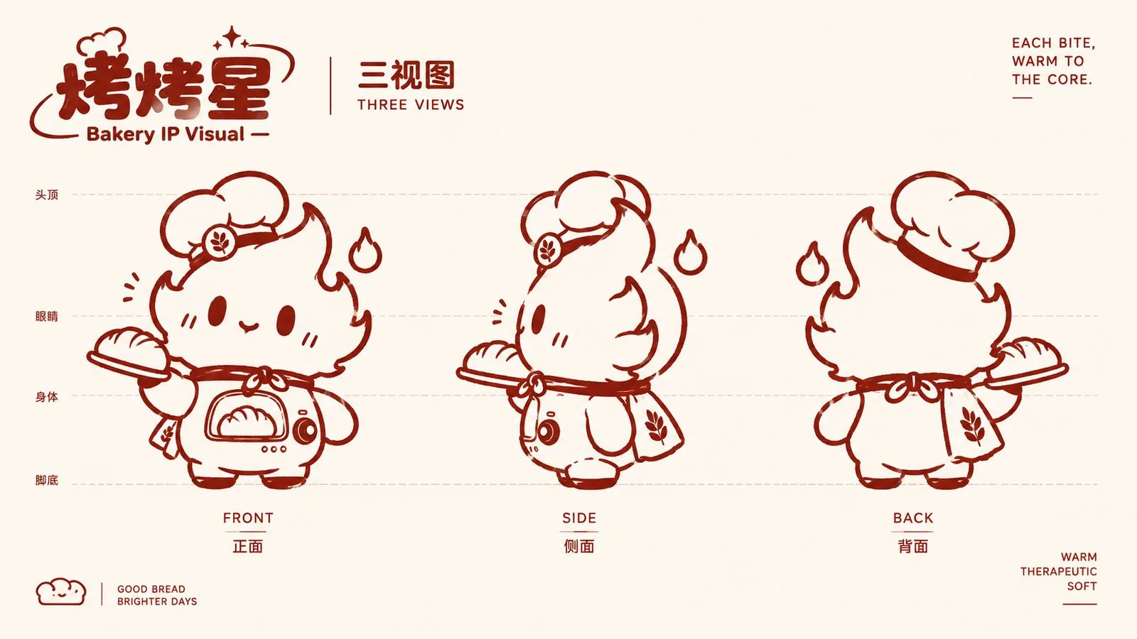 烤烤星 IP 形象三视图线稿与比例辅助线