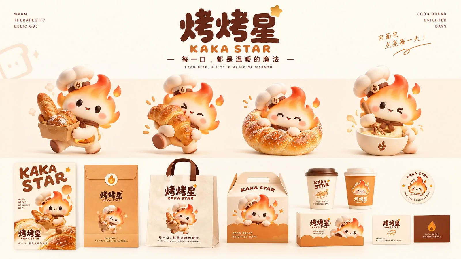 烤烤星品牌主视觉与纸袋、手提袋、咖啡杯等包装全家福
