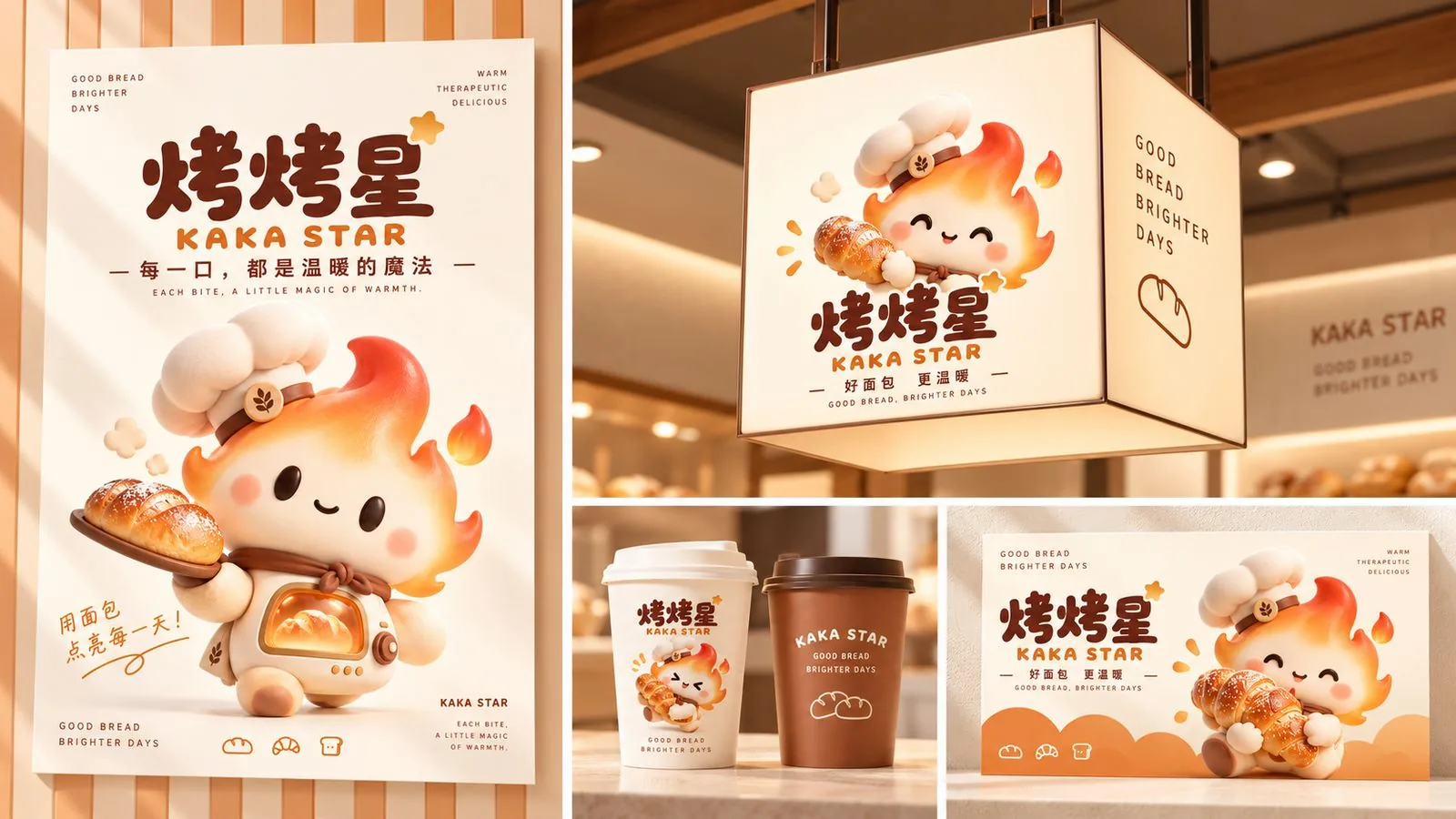 烤烤星门店立牌海报、吊挂灯箱与咖啡杯、外带盒应用