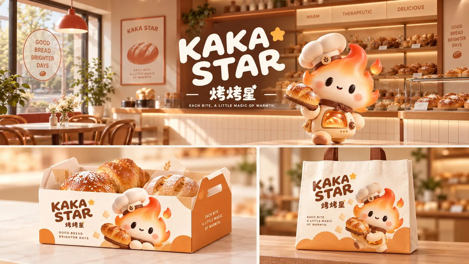 烤烤星门店内景中的 IP 立牌、开窗包装盒与帆布手提袋