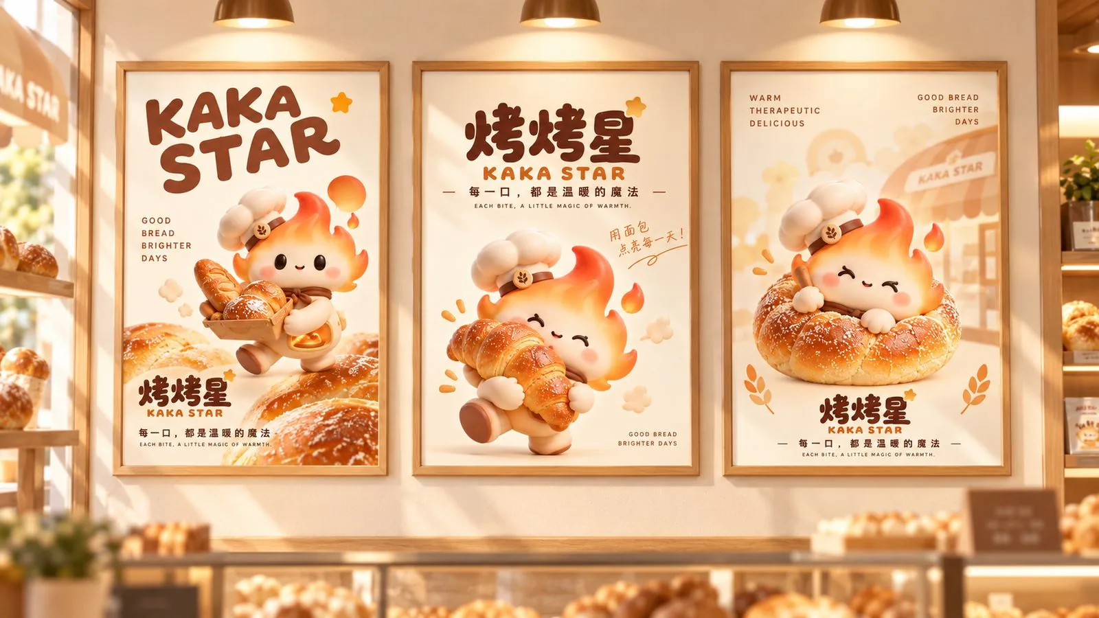烤烤星门店木质画框三幅海报墙