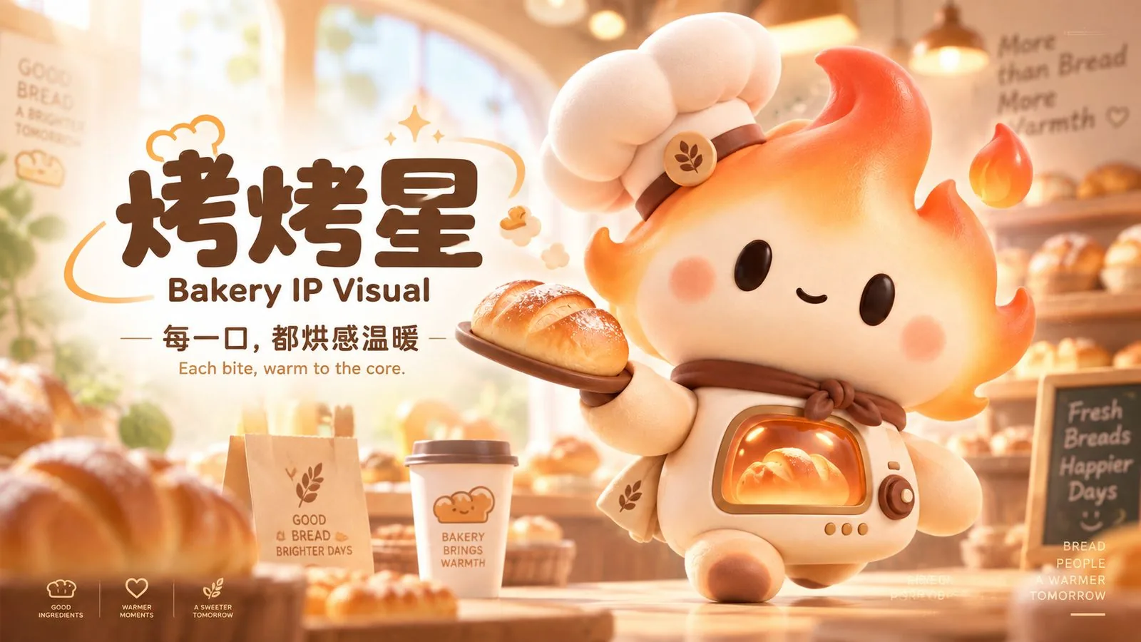 烤烤星品牌主视觉，IP 端法棍立于面包货架前