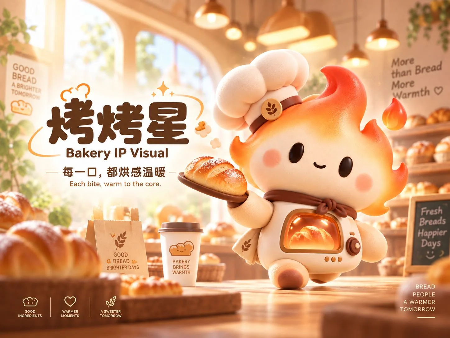 烤烤星 IP 端面包主图与门店面包货架背景
