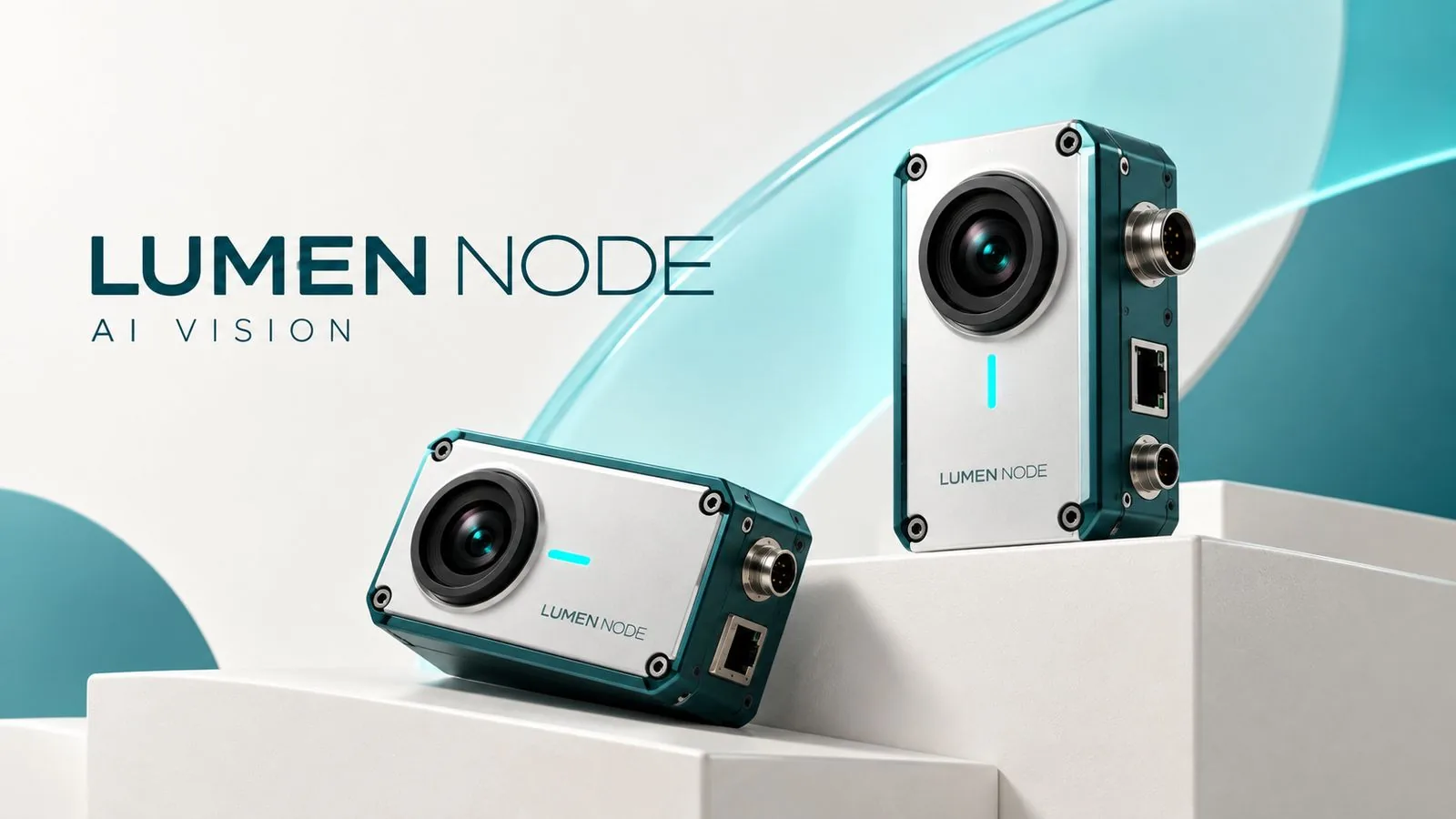 LUMEN NODE AI VISION 产品发布主视觉，两台工业相机置于白色阶梯展台