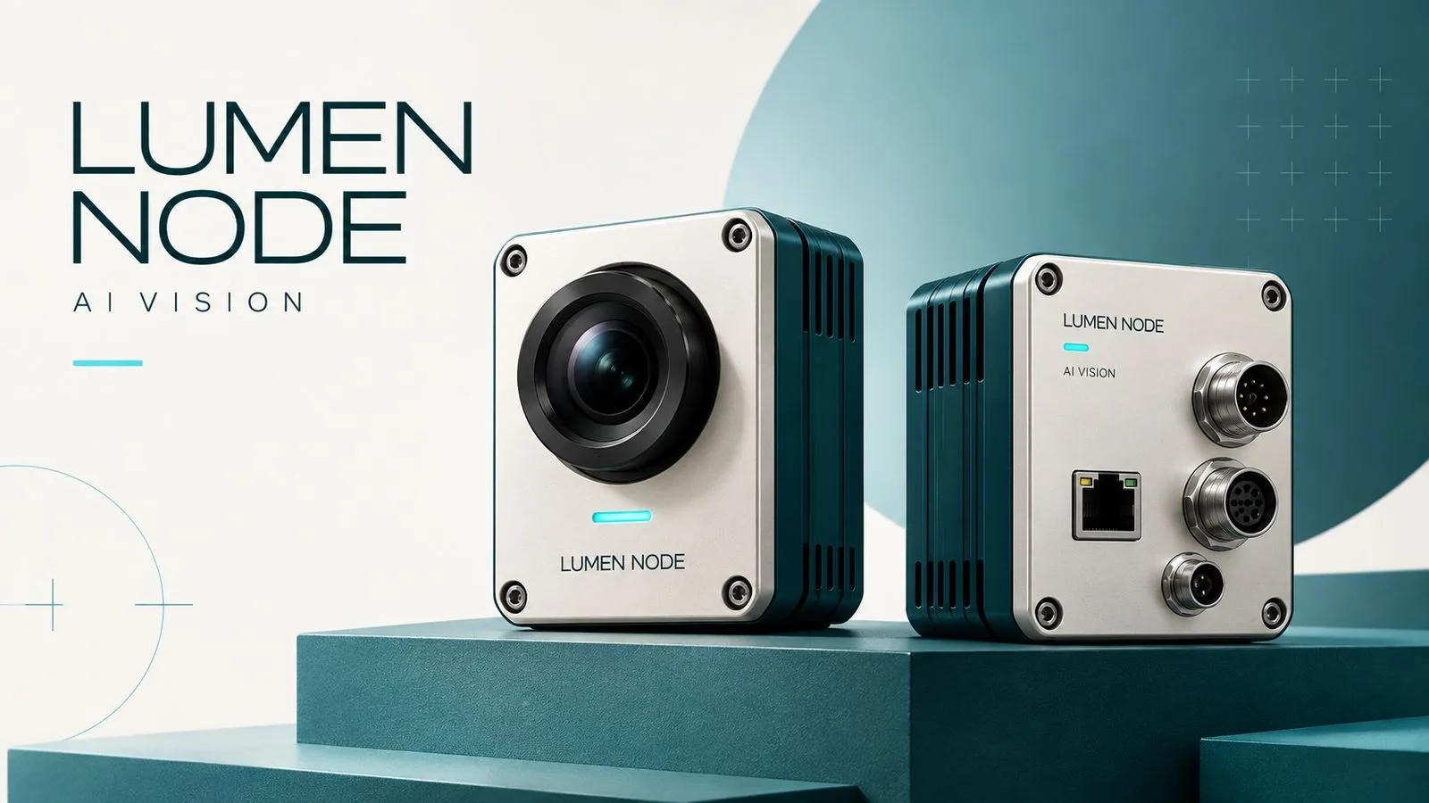 LUMEN NODE 相机正面镜头与背面 RJ45 网口、M12 连接器、散热鳍片对照图