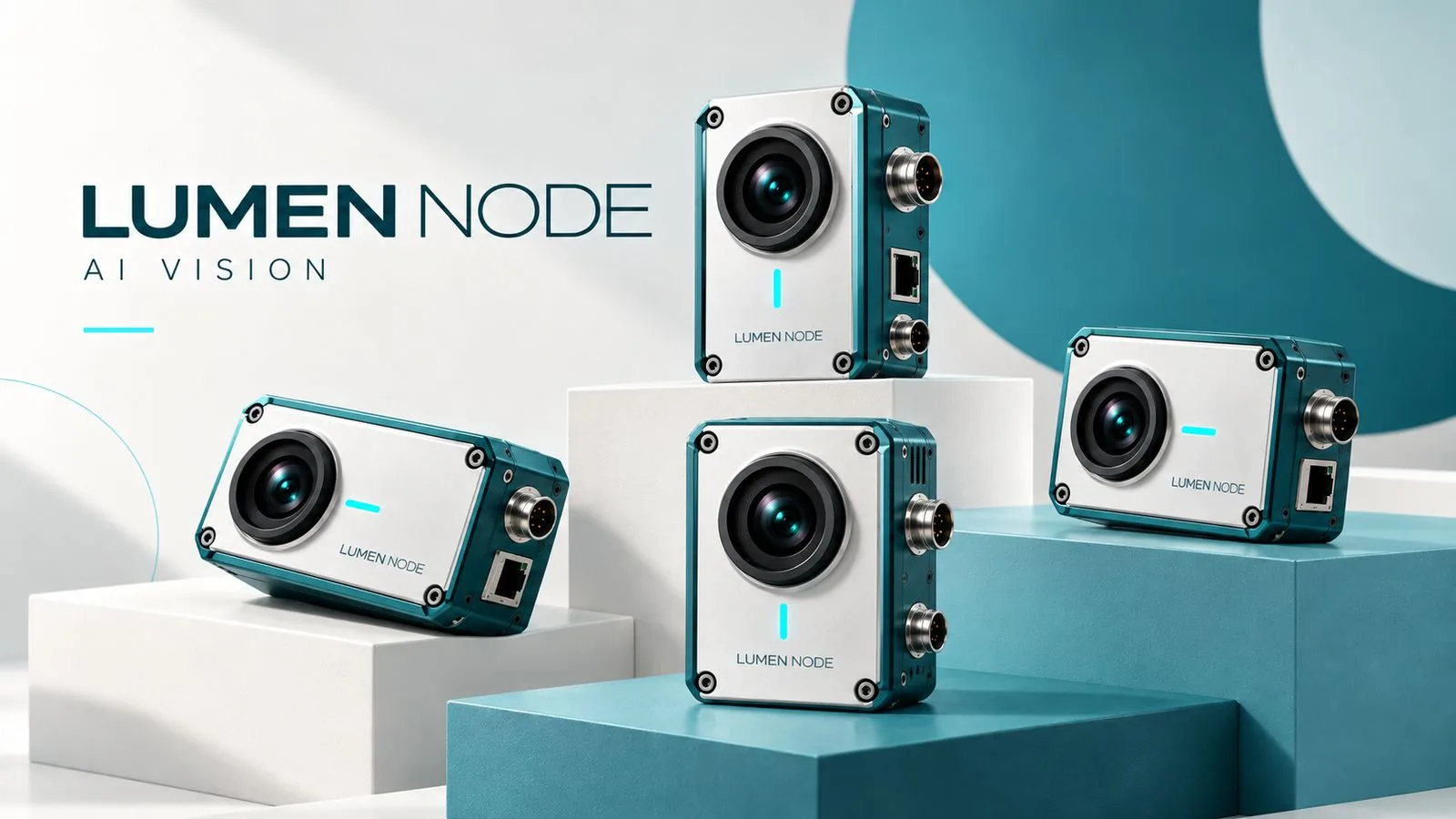 四台 LUMEN NODE 相机在白色与青色台阶上的模块化陈列