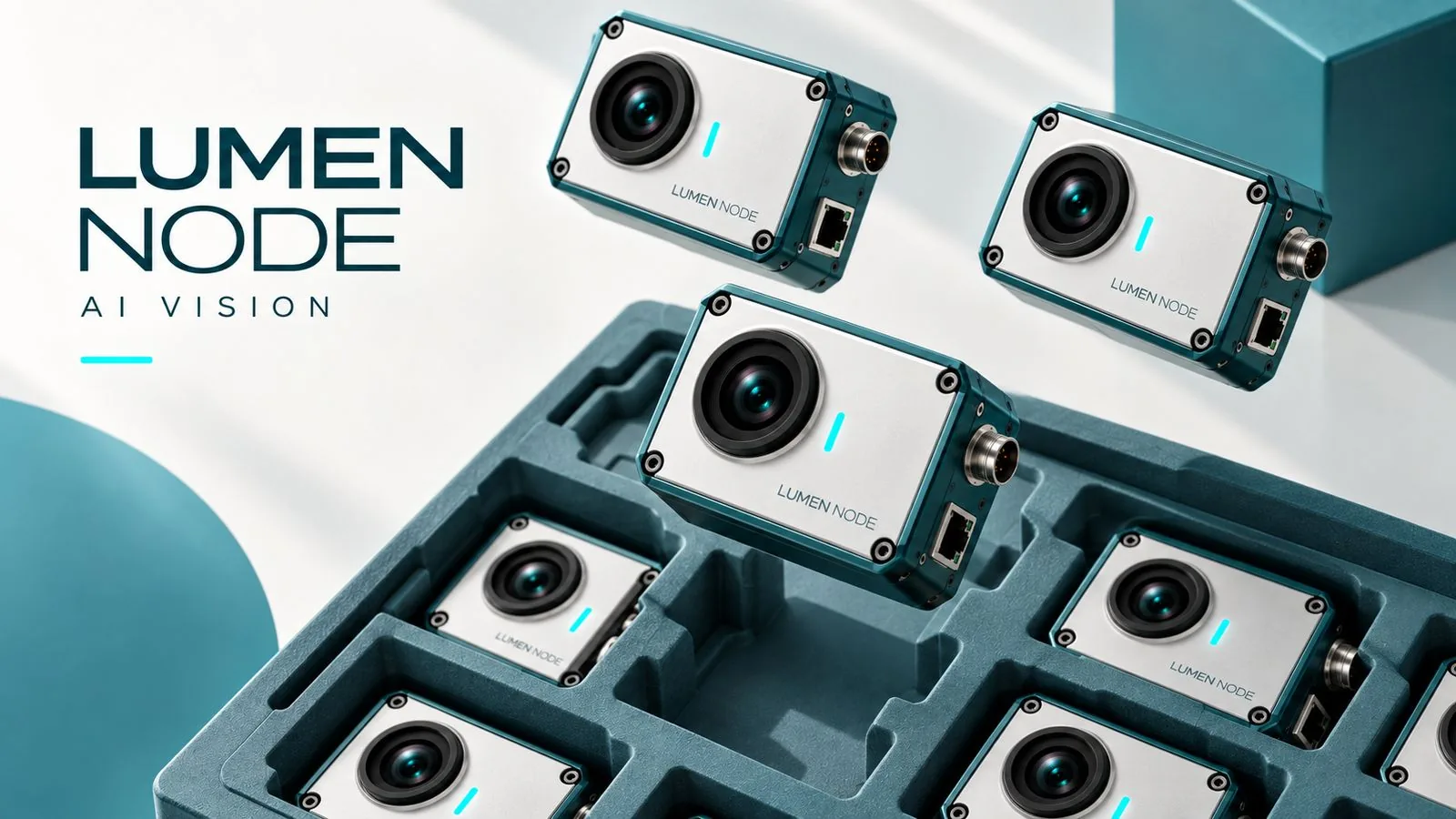 多台 LUMEN NODE 相机装入青色泡棉托盘的批量周转场景