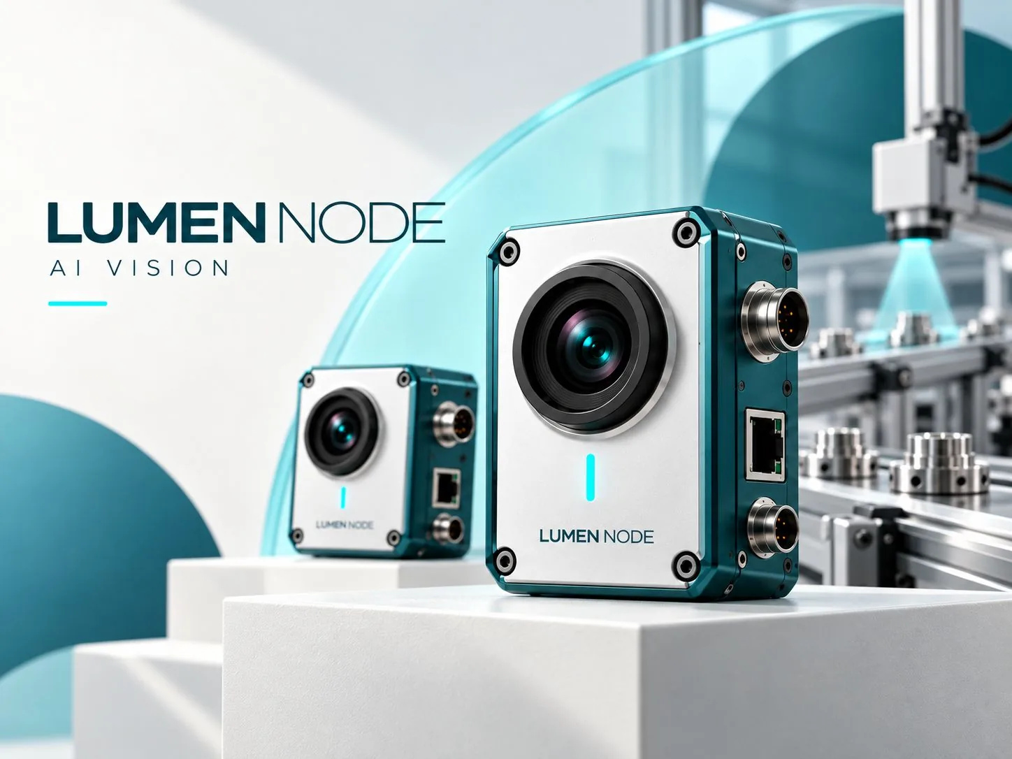 LUMEN NODE 产品主图,双机置于白色台阶,背景为智能工厂产线
