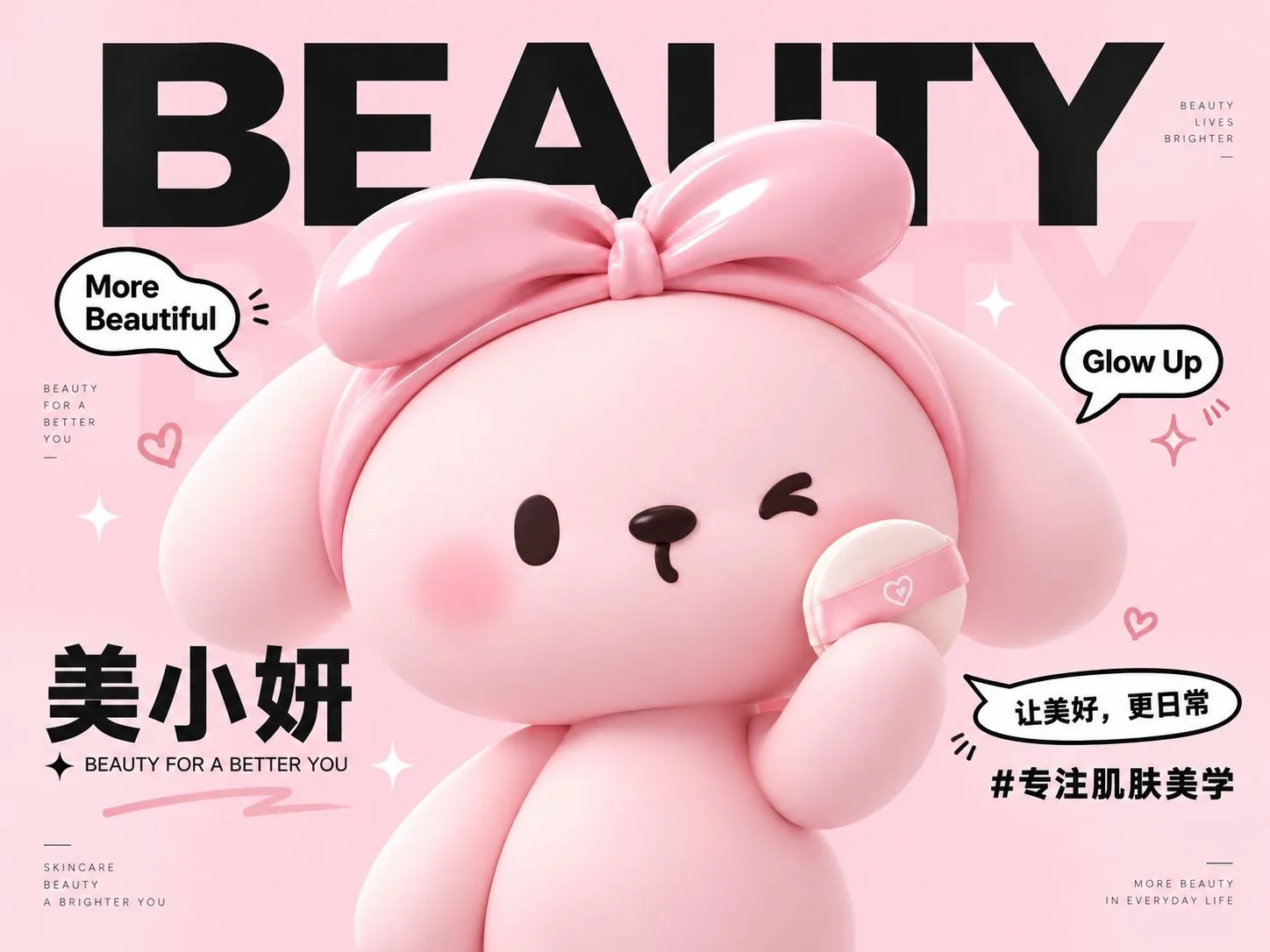 美小妍 BEAUTY 主视觉：兔子 IP 近景手持粉扑，配「让美好，更日常」